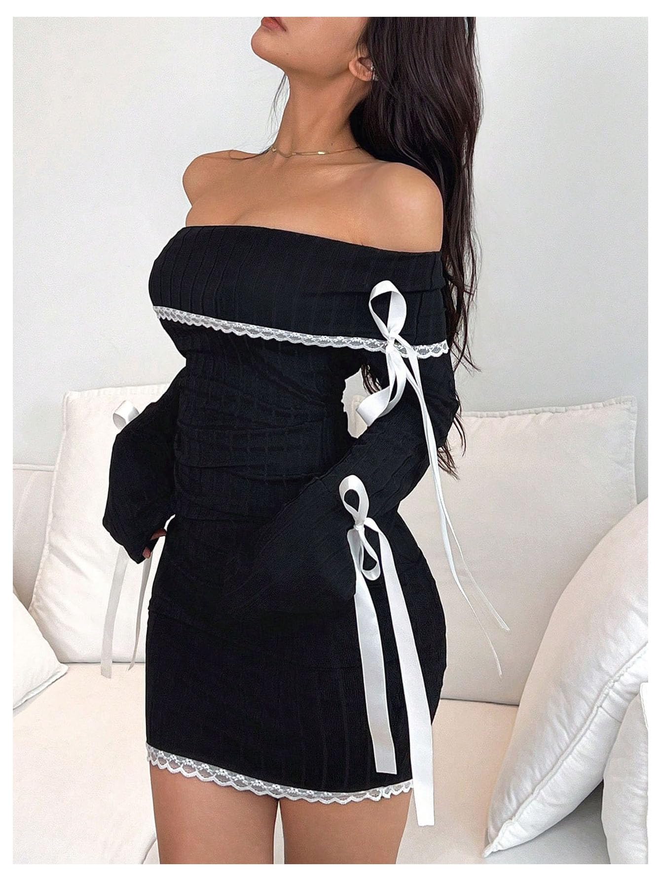 Women's Bodycon Mini Dress Off The Shoulder Lace Trim Bow Long Sleeve Ruched Y2k Dresses