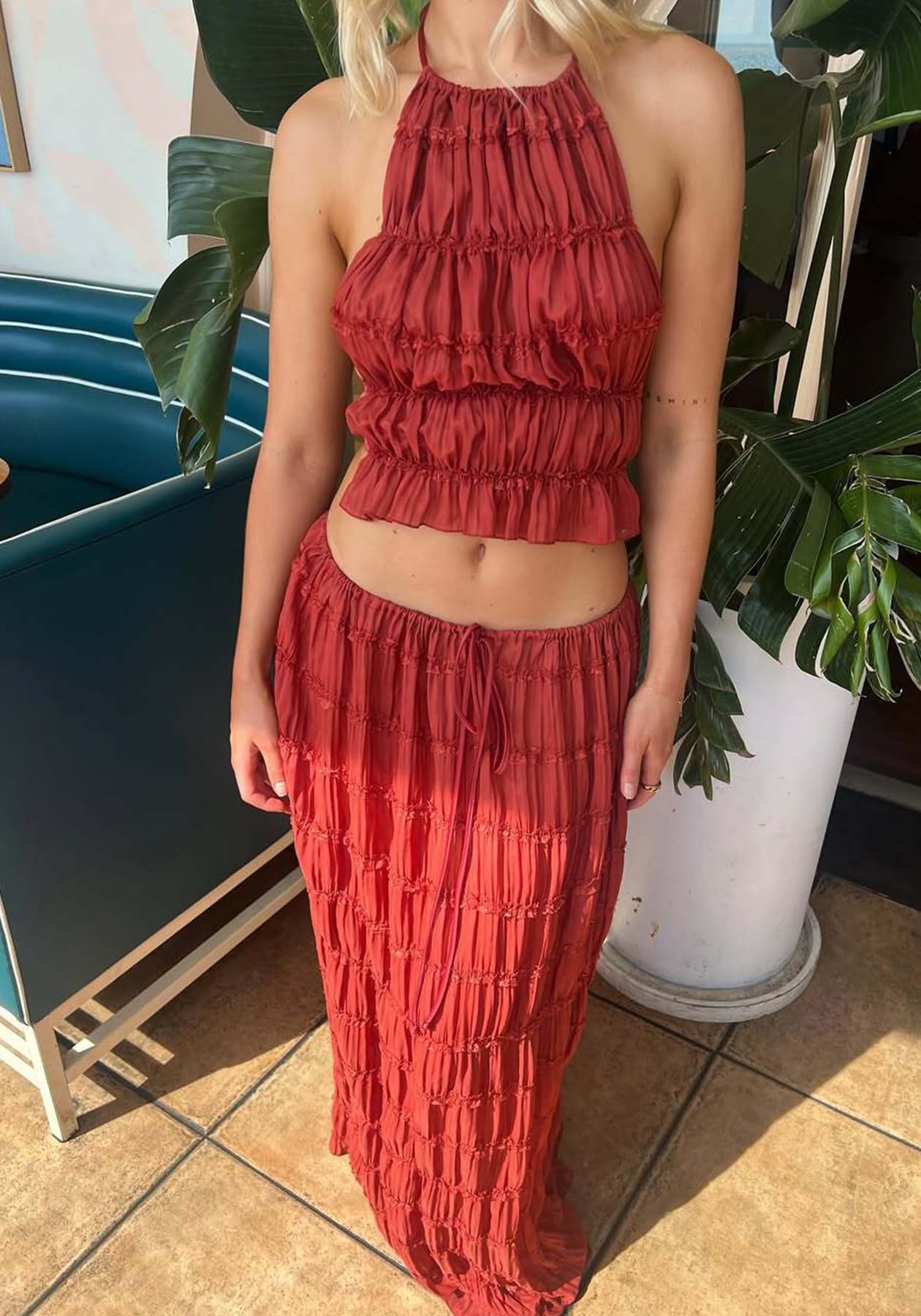 Skirt Sets Women 2 Piece Outfits Backless Halter Top And Pleated Ruffle Flowy Maxi Skirts Y2k Beach Vacation Set