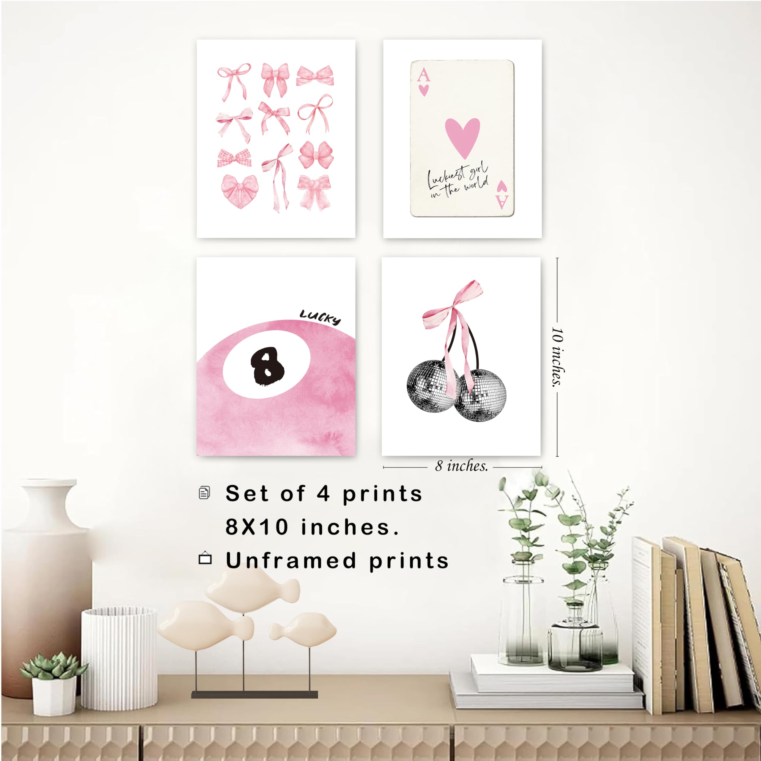 Set of 4 Coquette Preppy Wall Art Prints â€?8x10 Unframed Posters Featuring Bow, Disco, 8-Ball, and Cherry Designs Room Decor