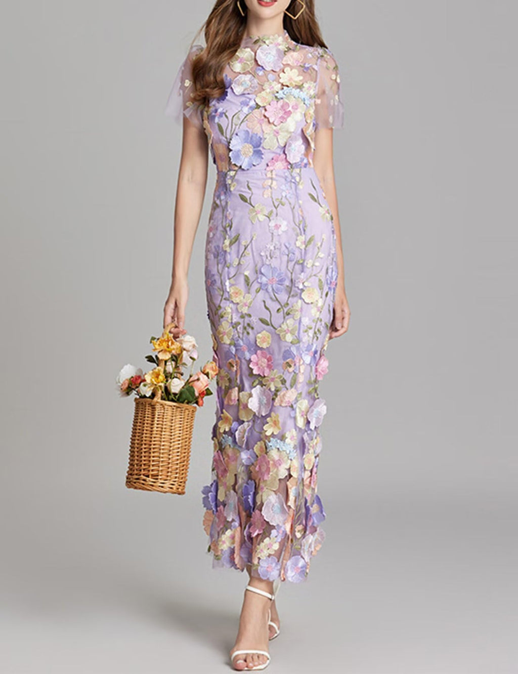 Women's 3D Floral Embroidery Dress Sheer Mesh Round Neck Lace Bodycon Party Cocktail Maxi Dress Short Sleeves