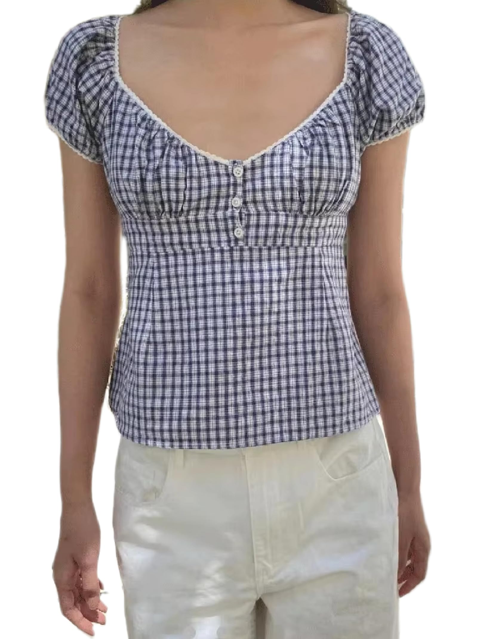 Y2K Short Sleeve Babydoll Tops for Women Cute Aesthetic U Neck Teen Girls Tshirt Ruffle Hem Patchwork Peplum Shirts