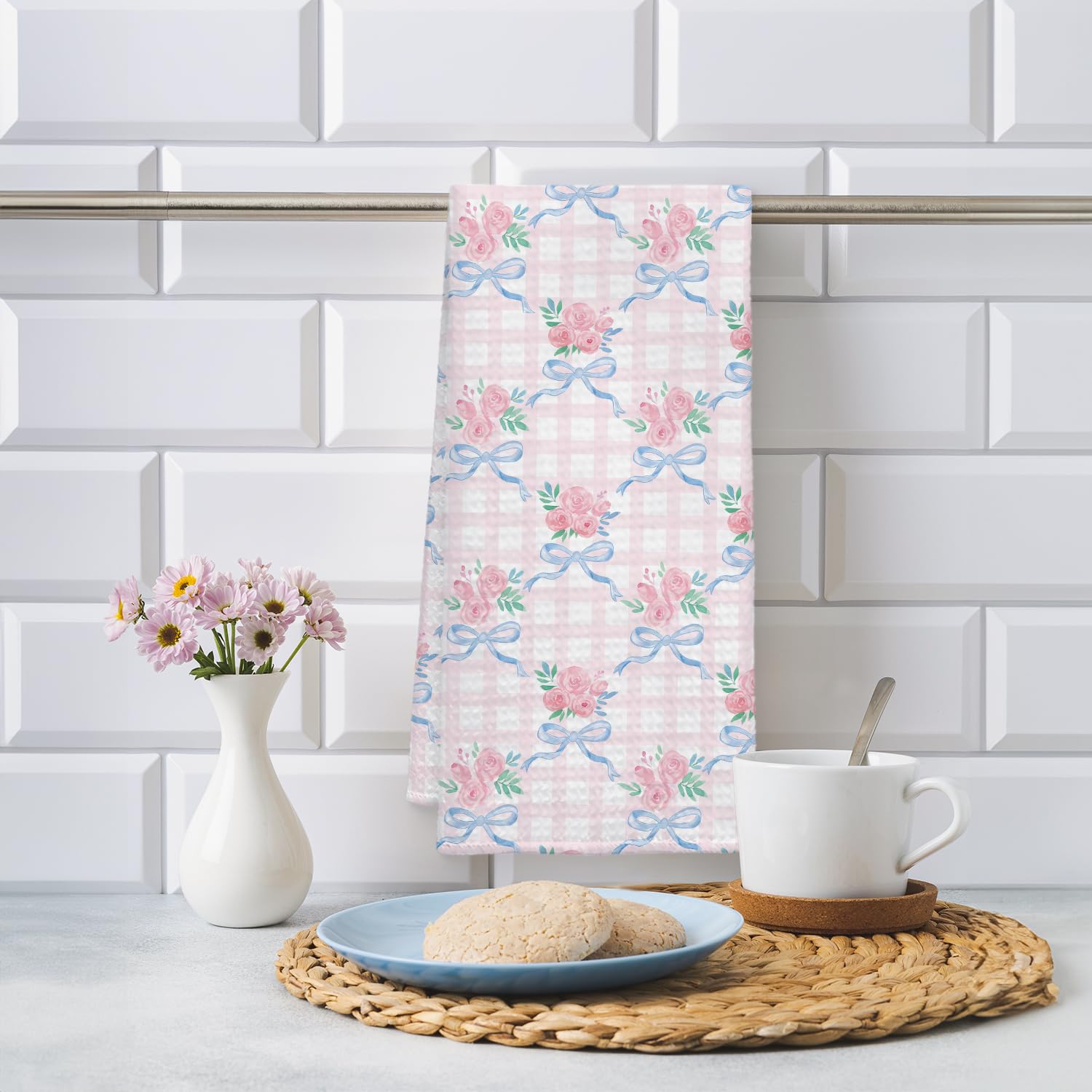 Coquette Bow Floral Kitchen Towel, Grandmillennial Pink Rose Flower Gingham Hand Towel for Bathroom, Pink and White Checkered Dish Tea Towel, 16x24 Inch