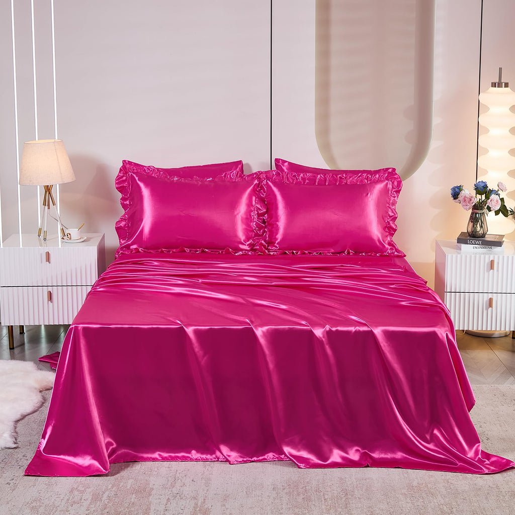Ruffle Comforter Set 8 Pieces Satin Comforter Set with Sheet Set - Waterfall Ruffle Design Luxurious Silky Comforter Set