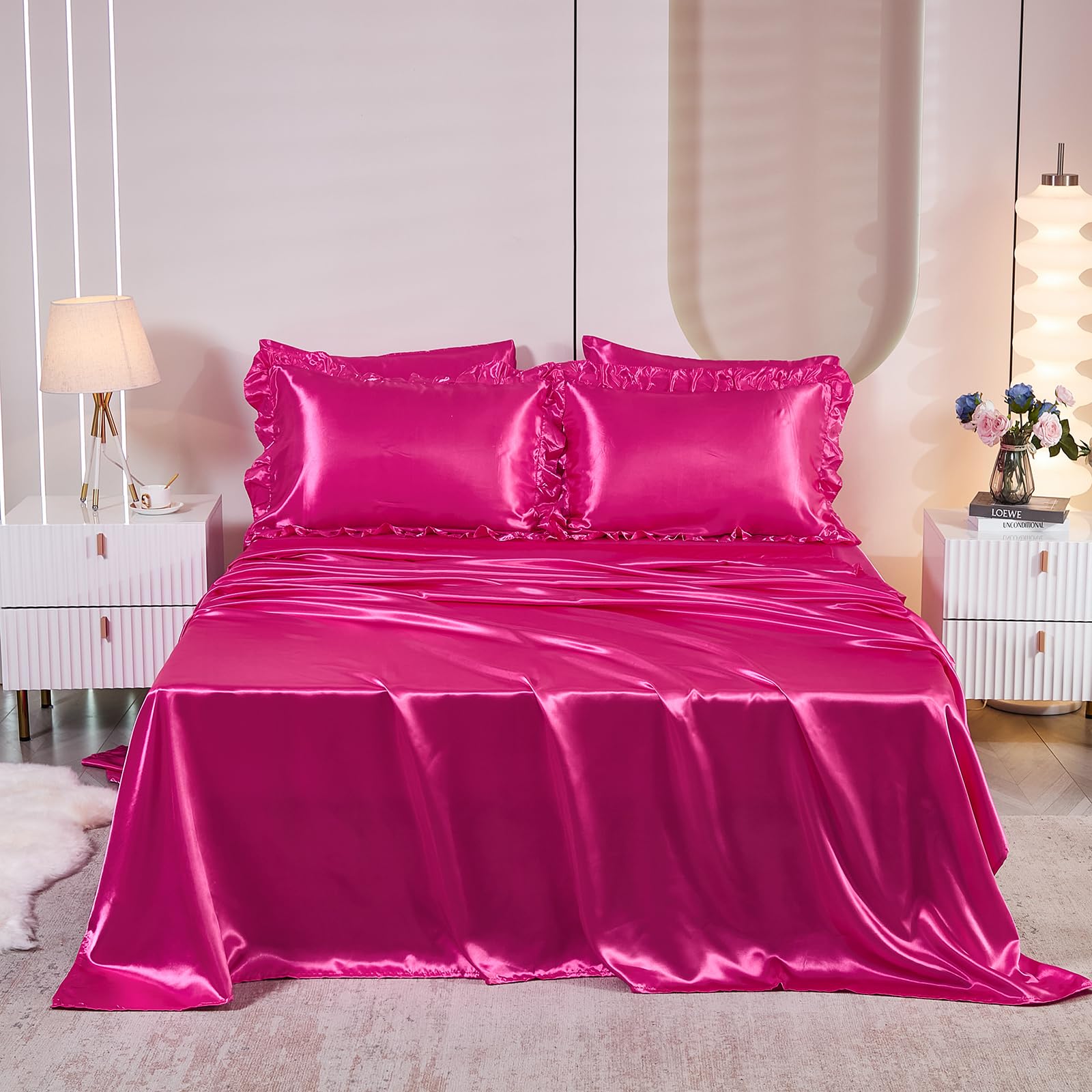 Ruffle Comforter Set 8 Pieces Satin Comforter Set with Sheet Set - Waterfall Ruffle Design Luxurious Silky Comforter Set