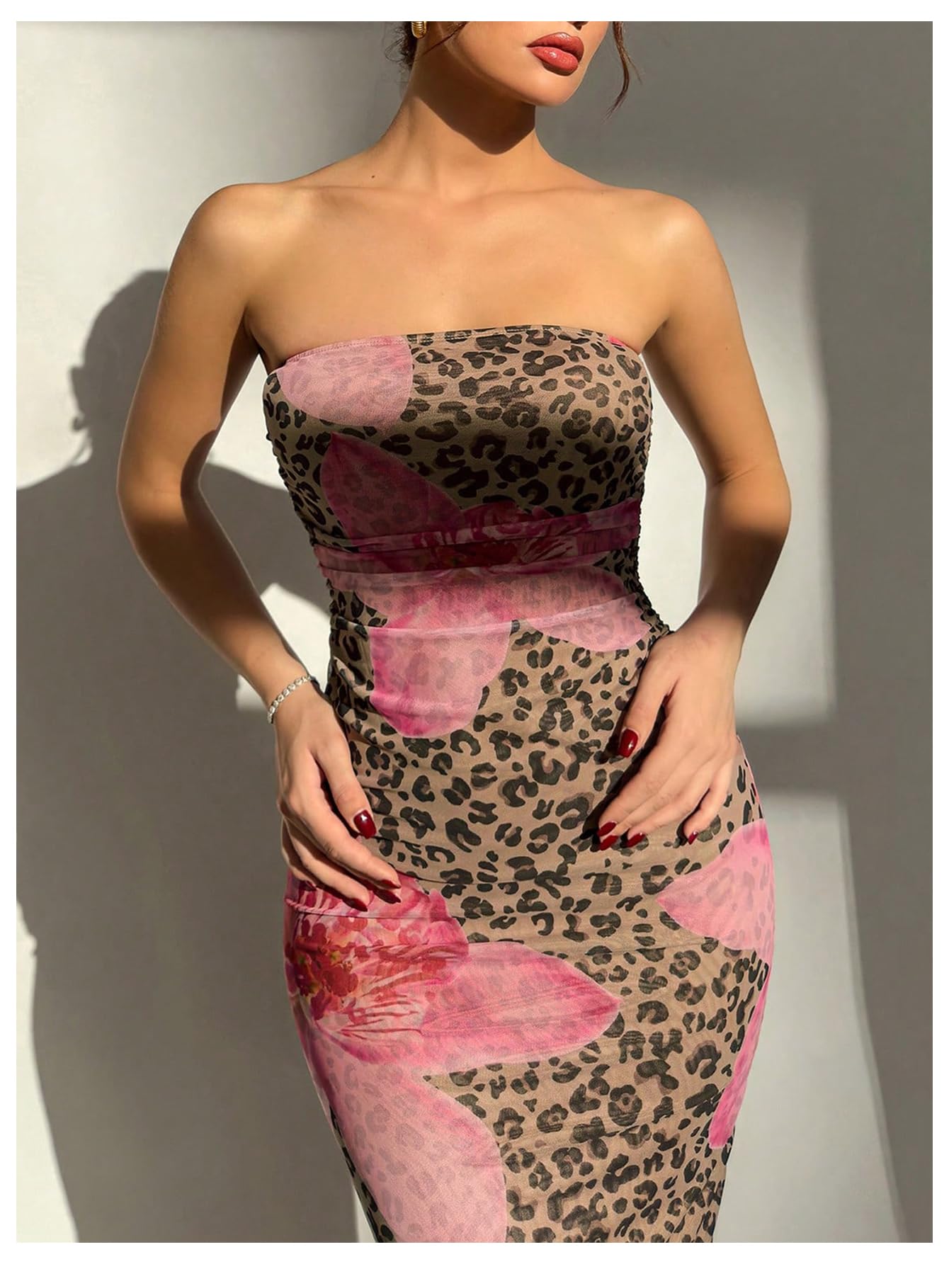 Women's Floral Strapless Bodycon Maxi Dress Summer Tube Top Dresses