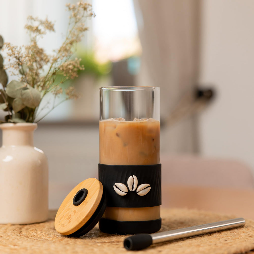 Pandaloo® Glass Cups With Lids and Straws -20 Fl Oz- Perfect Size Iced Coffee Cup - Smoothie Cup With Bamboo Lid and On the go Lid - Glass Tumbler With Straw