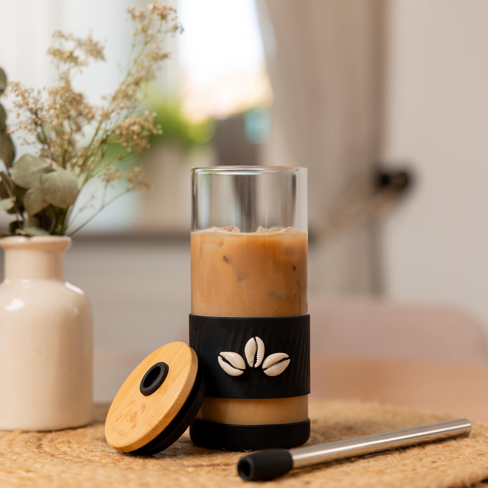 Pandaloo® Glass Cups With Lids and Straws -20 Fl Oz- Perfect Size Iced Coffee Cup - Smoothie Cup With Bamboo Lid and On the go Lid - Glass Tumbler With Straw
