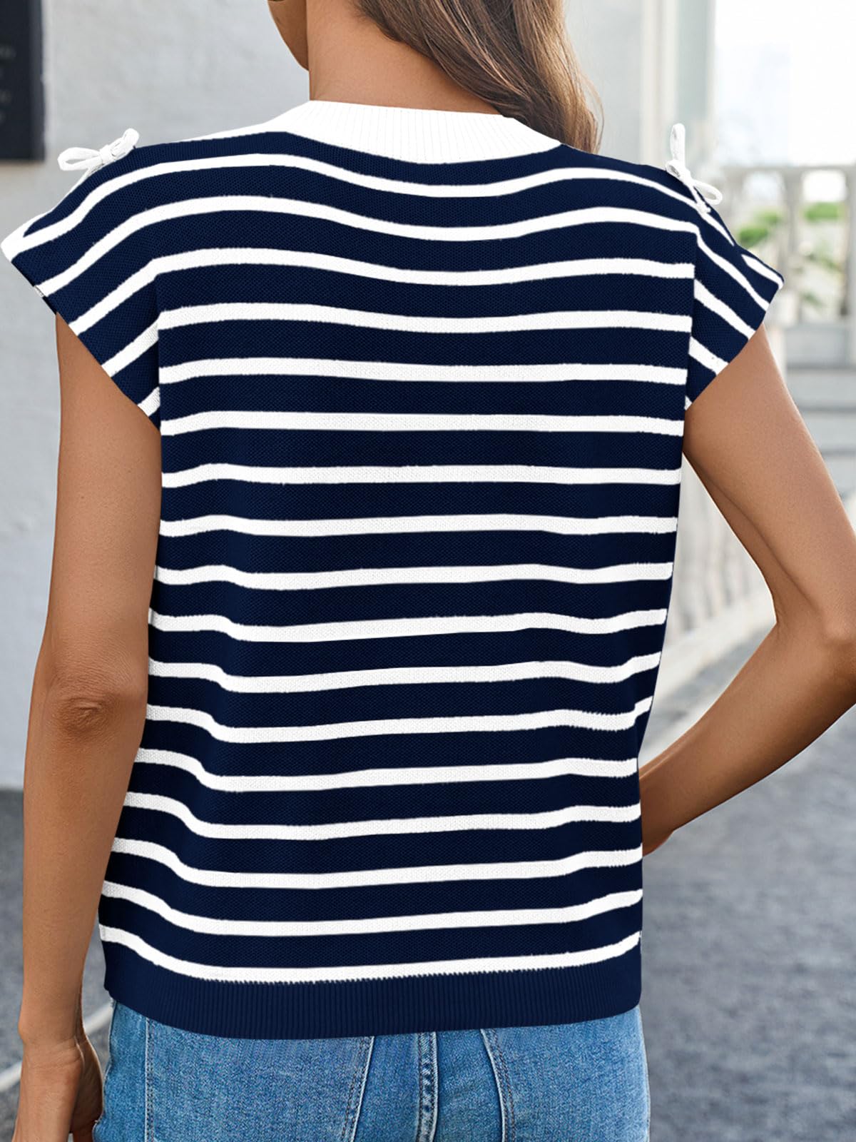 Womens Striped Bow Top Cap Sleeve Summer Cute Crewneck Going Out Lightweight Knit Sweater Vest Tops