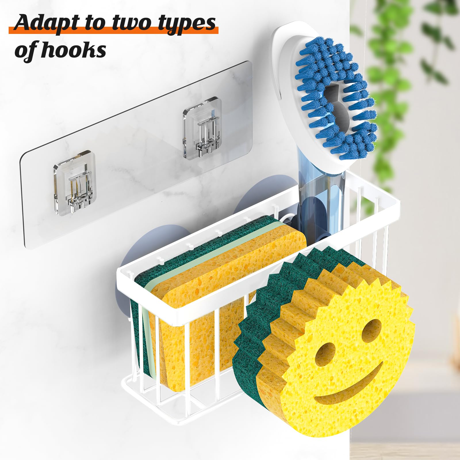 Sponge Holder Smiley Face, Sink Caddy for Kitchen Organizer Sponge Holder with 2 PCS Suction Cups/1 PCS Adhesive Strips