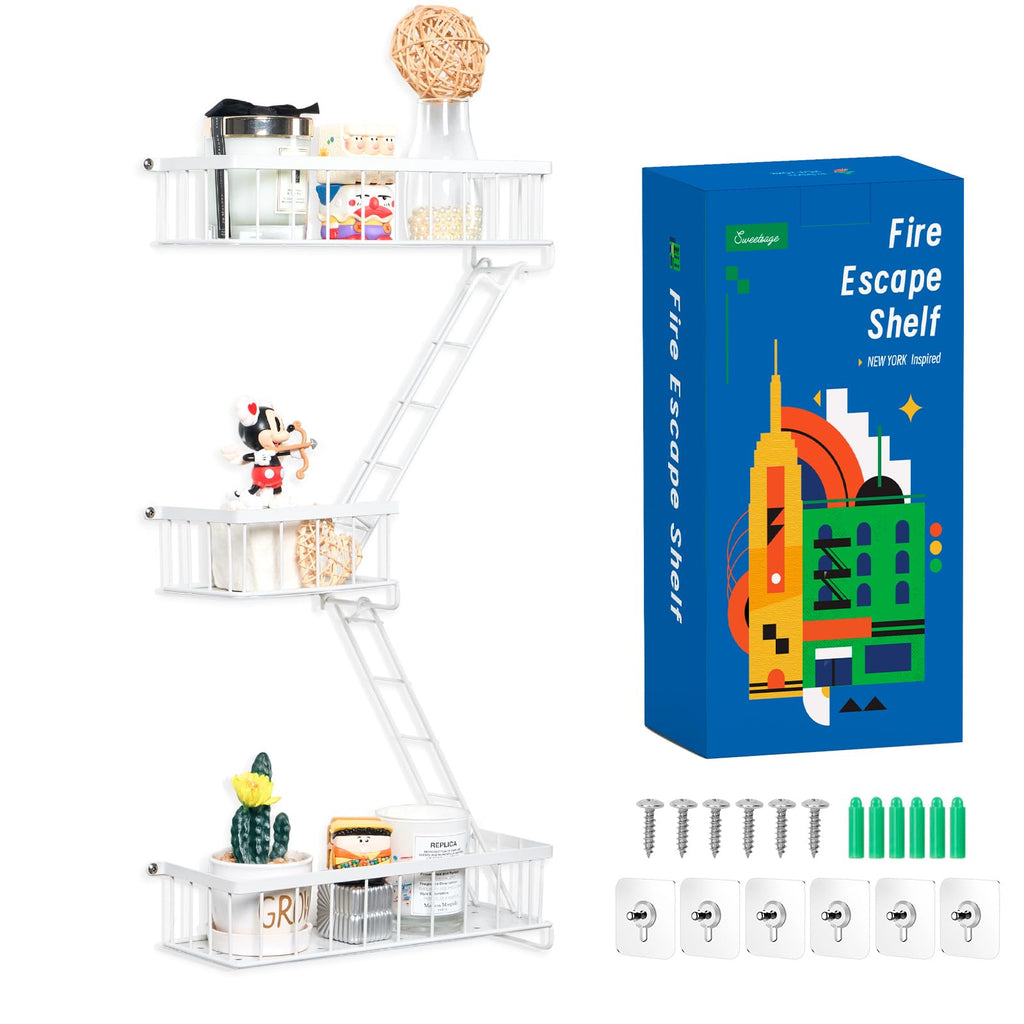 Fire Escape Shelf - Wall Decor Floating Shelves, Cute Metal Ladder Shelving for Bedroom, Home Decor Display (3-Tier)