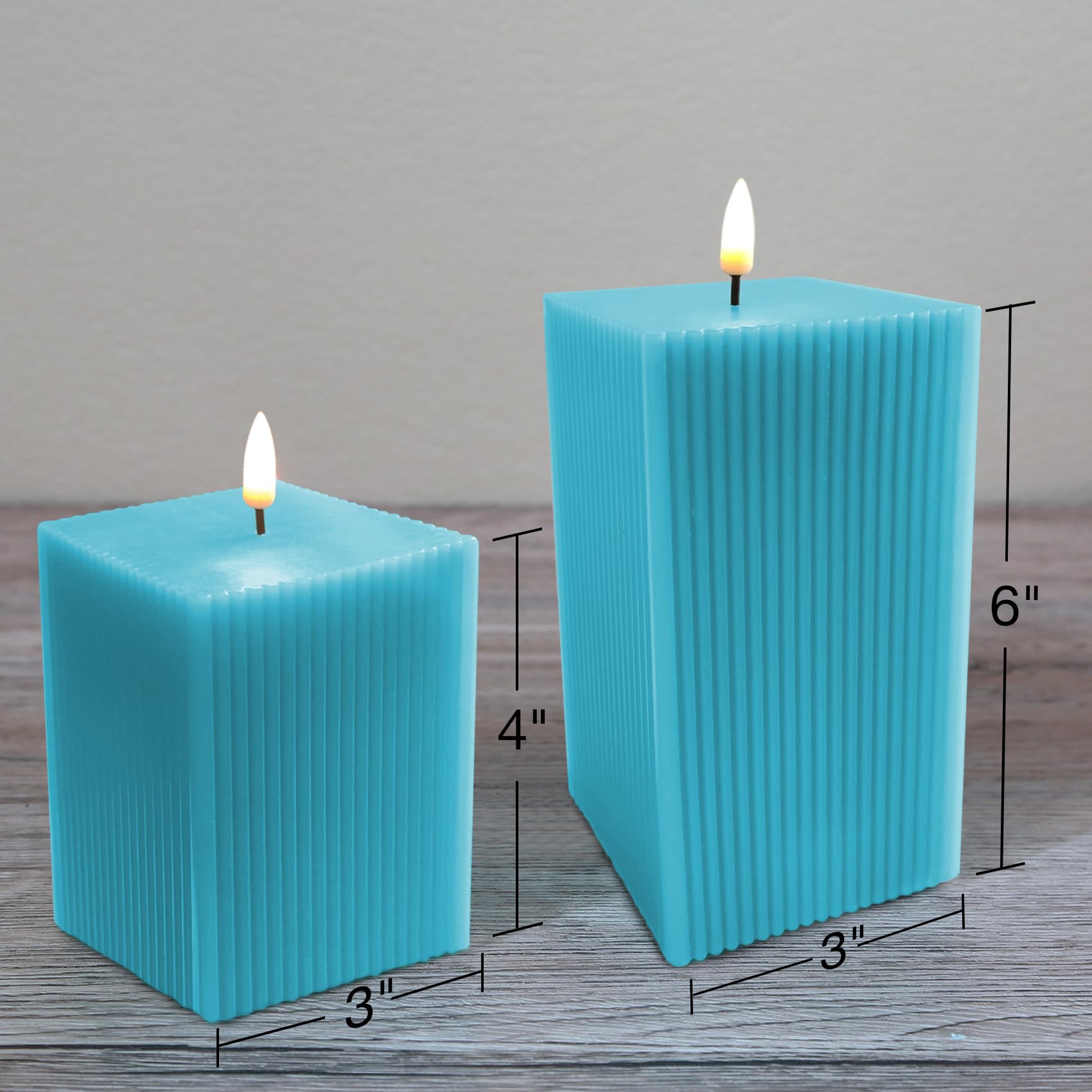 Square Ribbed Flameless Candles with Remote, Flickering Real Wax Battery LED Candles 3" H 4" 6"