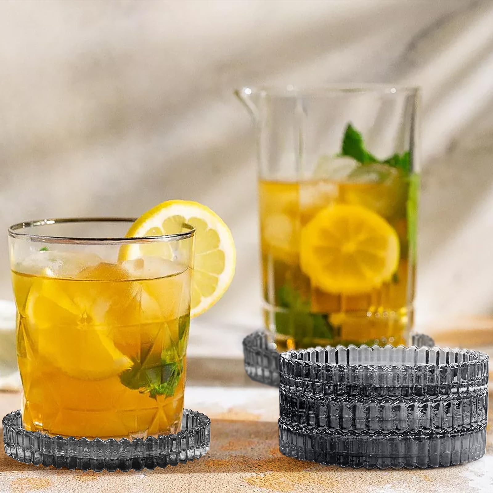 Modern Clear Coaster Set of 8- Glass Coasters for Drinks Crystal Coasters Round Cup Coasters