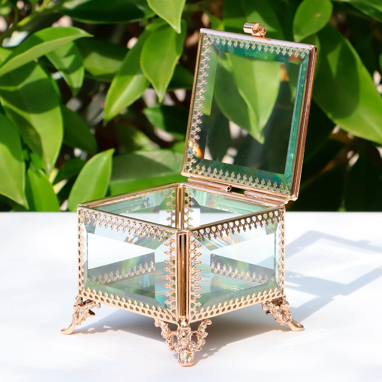 Square vintage glass lace jewelry box, 3.8x3.8x3.5 inches, commemorative box for rings, bracelets, accessories