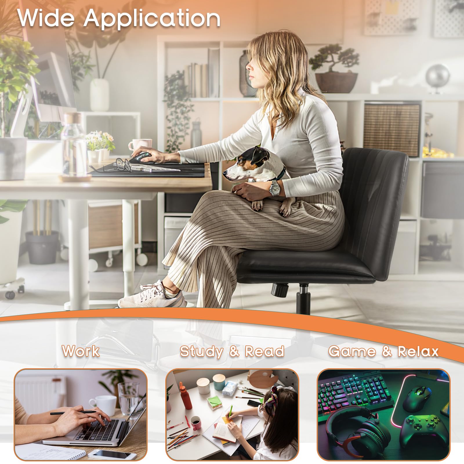 Criss Cross Chair, Armless Cross Legged Office Desk Chair No Wheels, Fabric Padded Modern Swivel Height Adjustable Mid Back Wide Seat