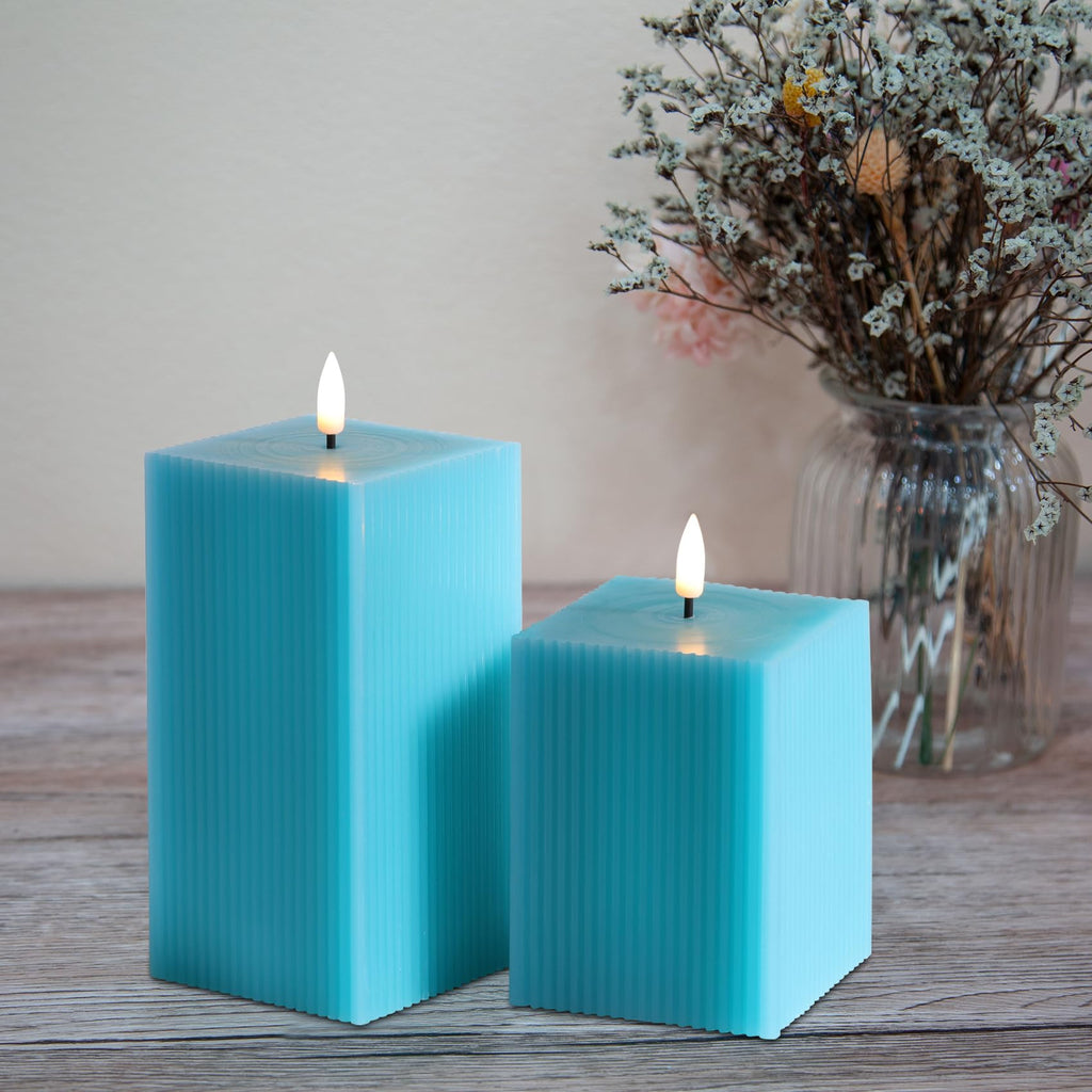 Square Ribbed Flameless Candles with Remote, Flickering Real Wax Battery LED Candles 3" H 4" 6"