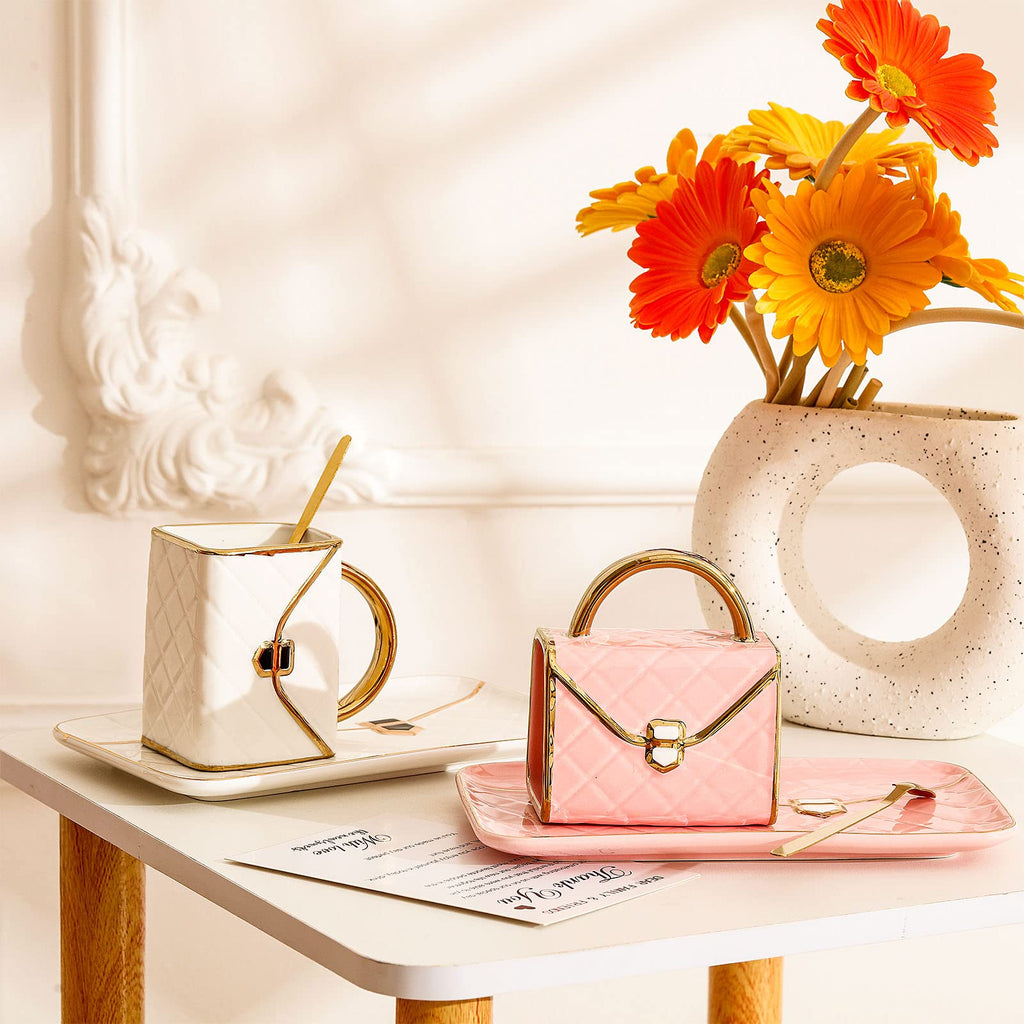 Set Coffee Mug Elegant Handbag Shaped Cup Modern Ceramic Purse Mug with Spoon and Saucer, 10oz Cute Creative Tea Cup