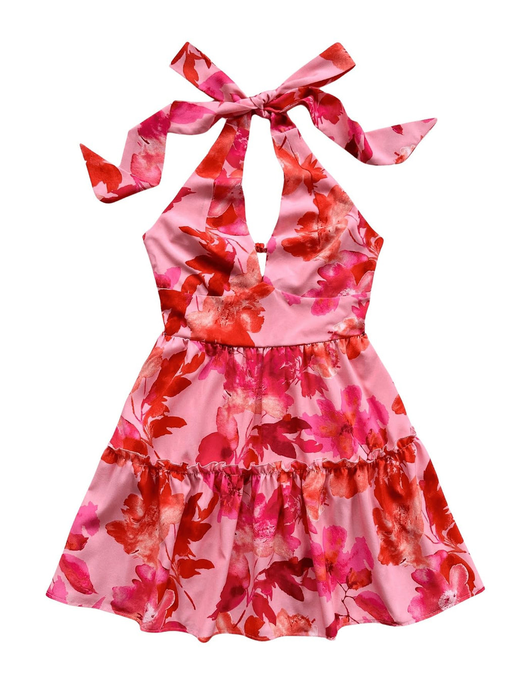 Women's Floral Print Sleeveless Halter Neck Layered Hem A Line Mini Dress