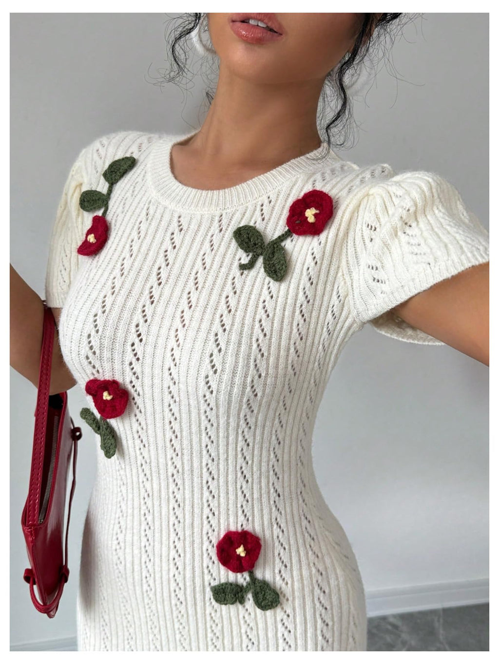 Women's 3D Flower Sweater Dress Crochet Short Sleeve Bodycon Mini Dresses