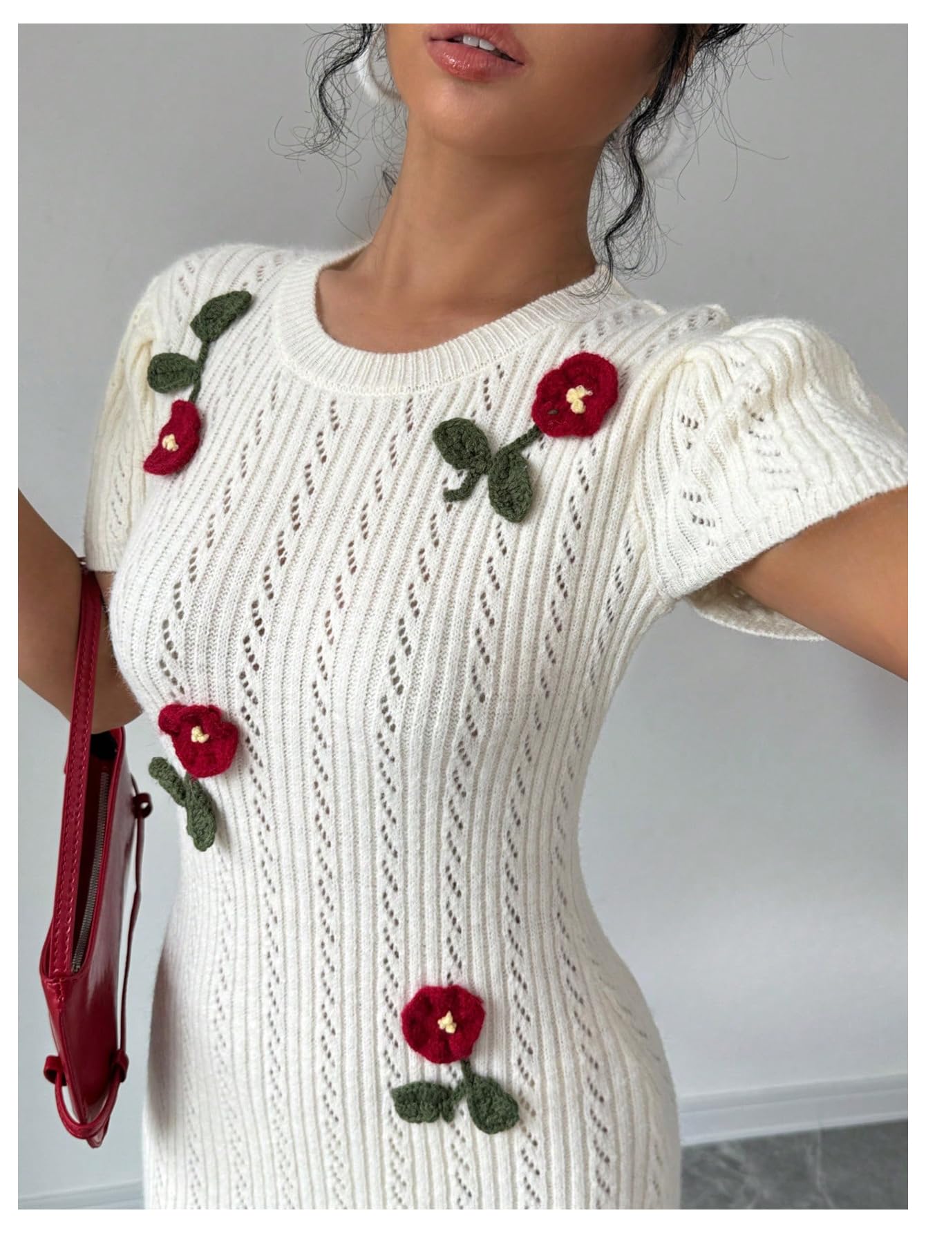 Women's 3D Flower Sweater Dress Crochet Short Sleeve Bodycon Mini Dresses