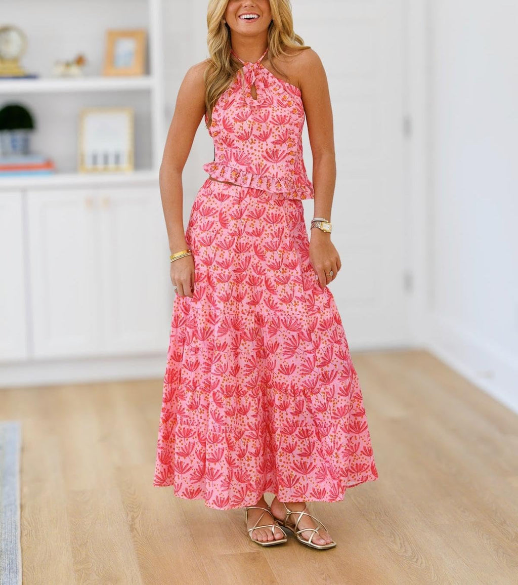 Womens 2 Piece Maxi Skirt Set Y2k Halter Ruched Cami Top Tiered Flowy Ruffle Skirt Outfit