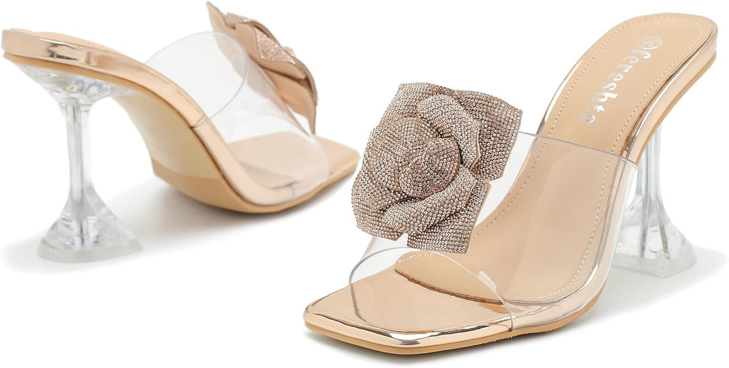 Women's Crystal Flower Heels Square Toe Heeled Sandals