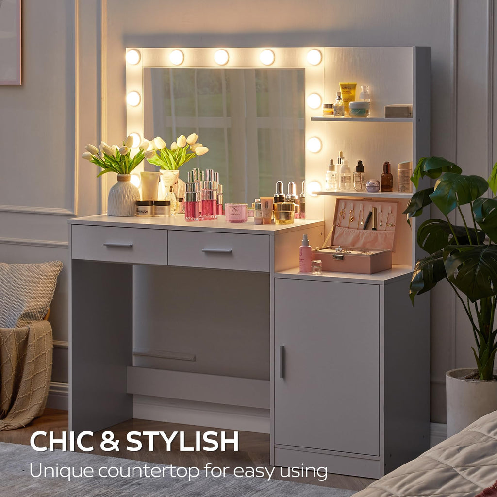 Vanity Desk with Mirror and LED Light Strip,Dressing Table with Large Drawer, 3 Level Storage Dresser & 3 Lighting Modes Adjustable Brightness