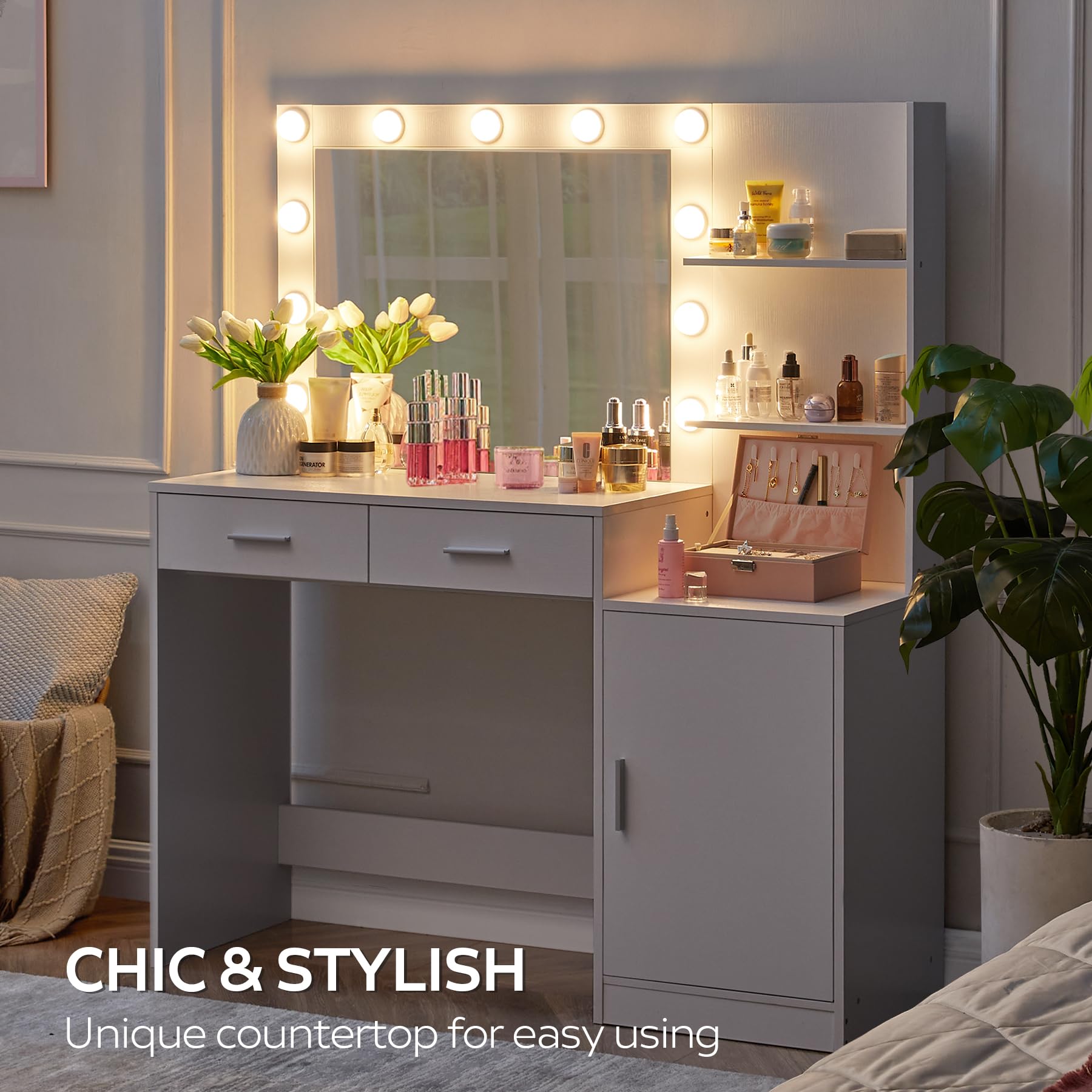 Vanity Desk with Mirror and LED Light Strip,Dressing Table with Large Drawer, 3 Level Storage Dresser & 3 Lighting Modes Adjustable Brightness