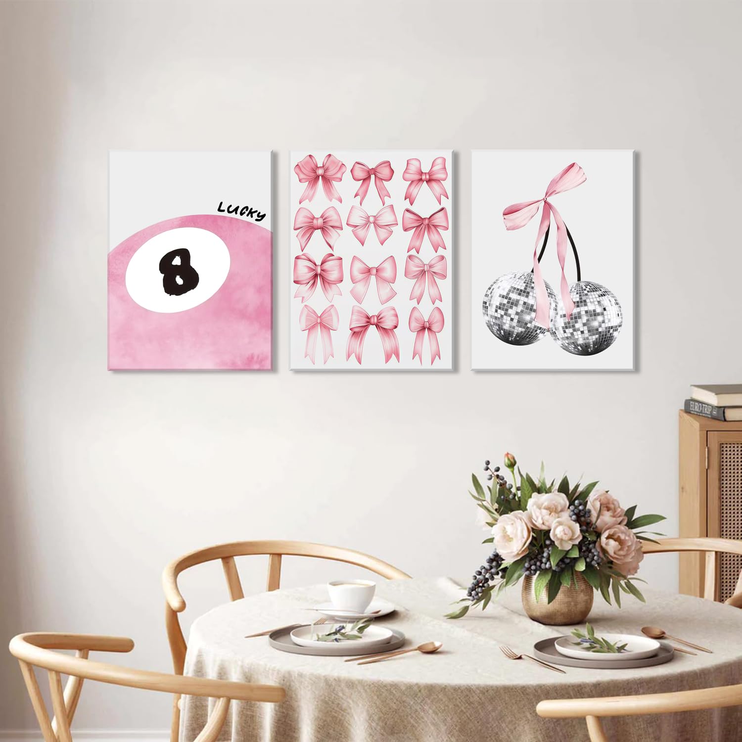 Trendy Blue Wall Art Set of 3, Preppy Navy Blue Wall Decor, Coquette Disco Lucky Me 8 Ball Poster Canvas Prints Aesthetic Pictures Room Dorm