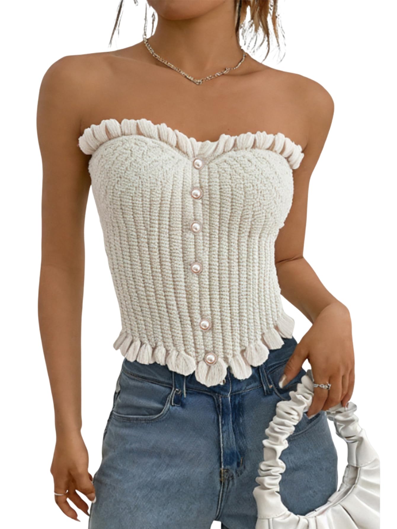 Women's Pearl Strapless Tops Summer Asymmetrical Tube Tops
