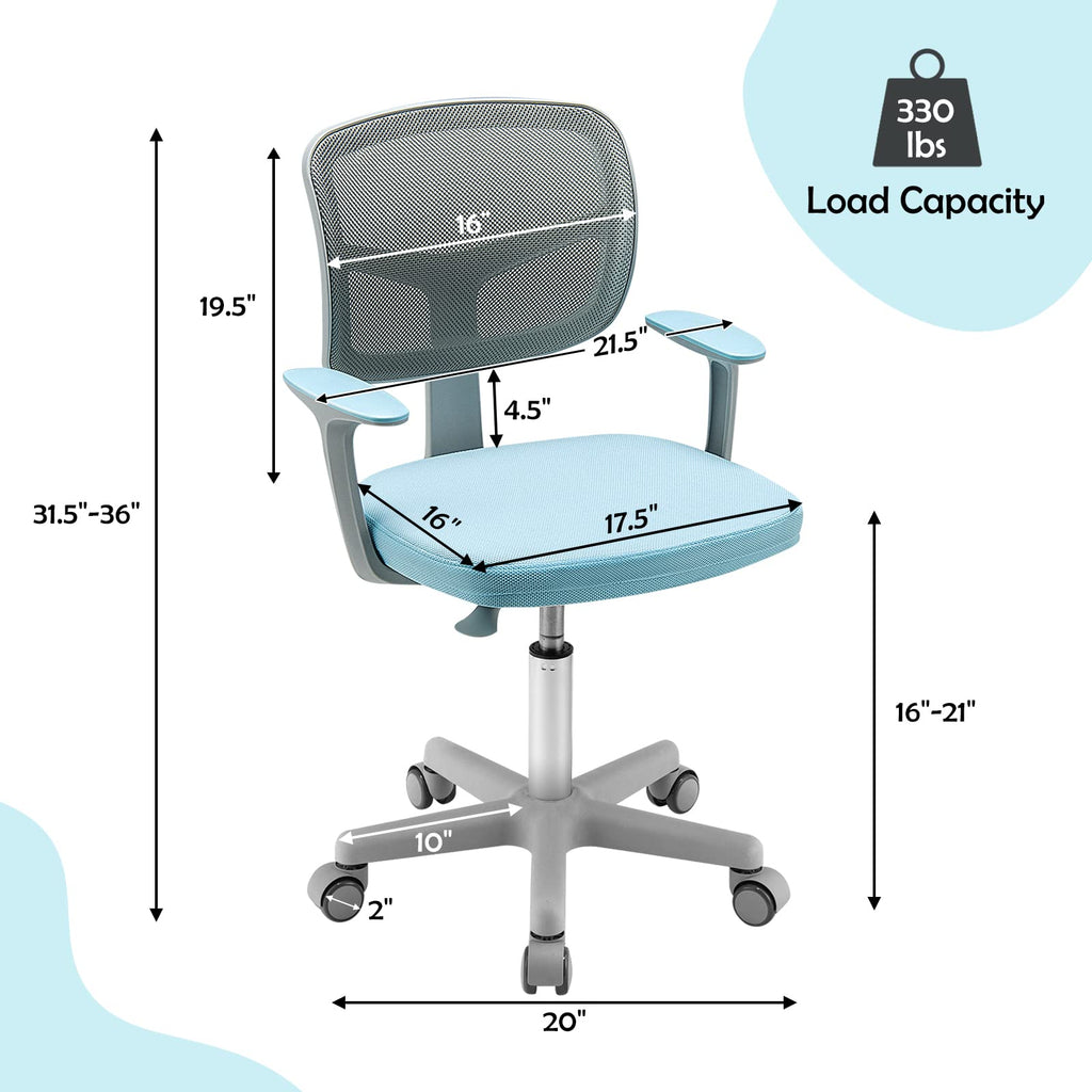 Swivel Adjustable Mesh Study Chair with Wheels & Arms, Ergonomic Computer Task Chair with Lumbar Support