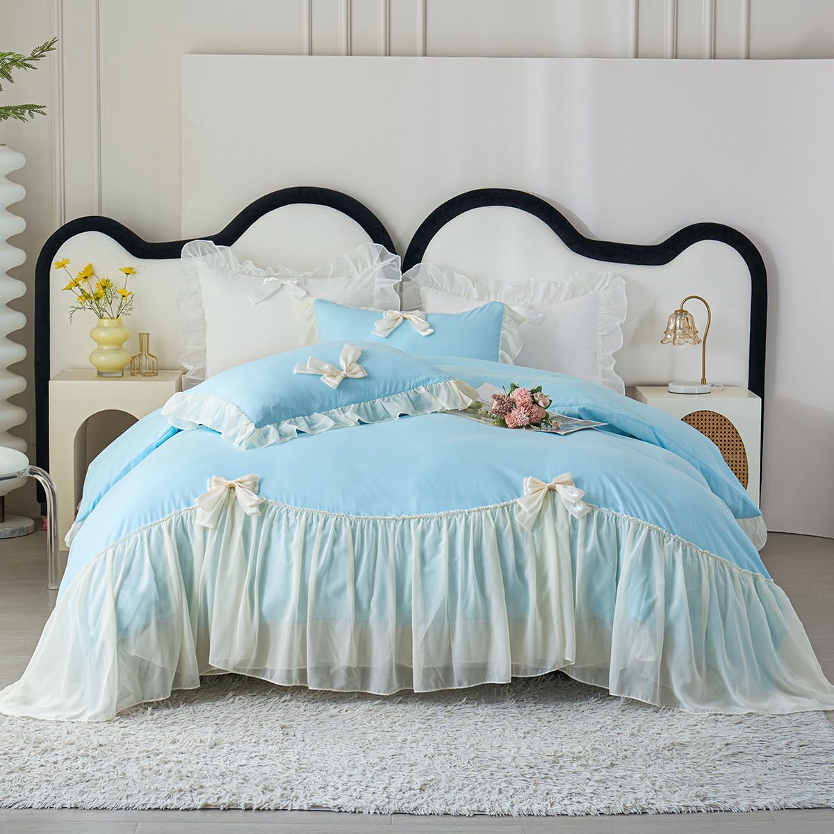 Ruffle Duvet Cover Bedding Set with Bowtie, 2 Pieces Comforter Cover Set with Zipper Closure with Pillowcase