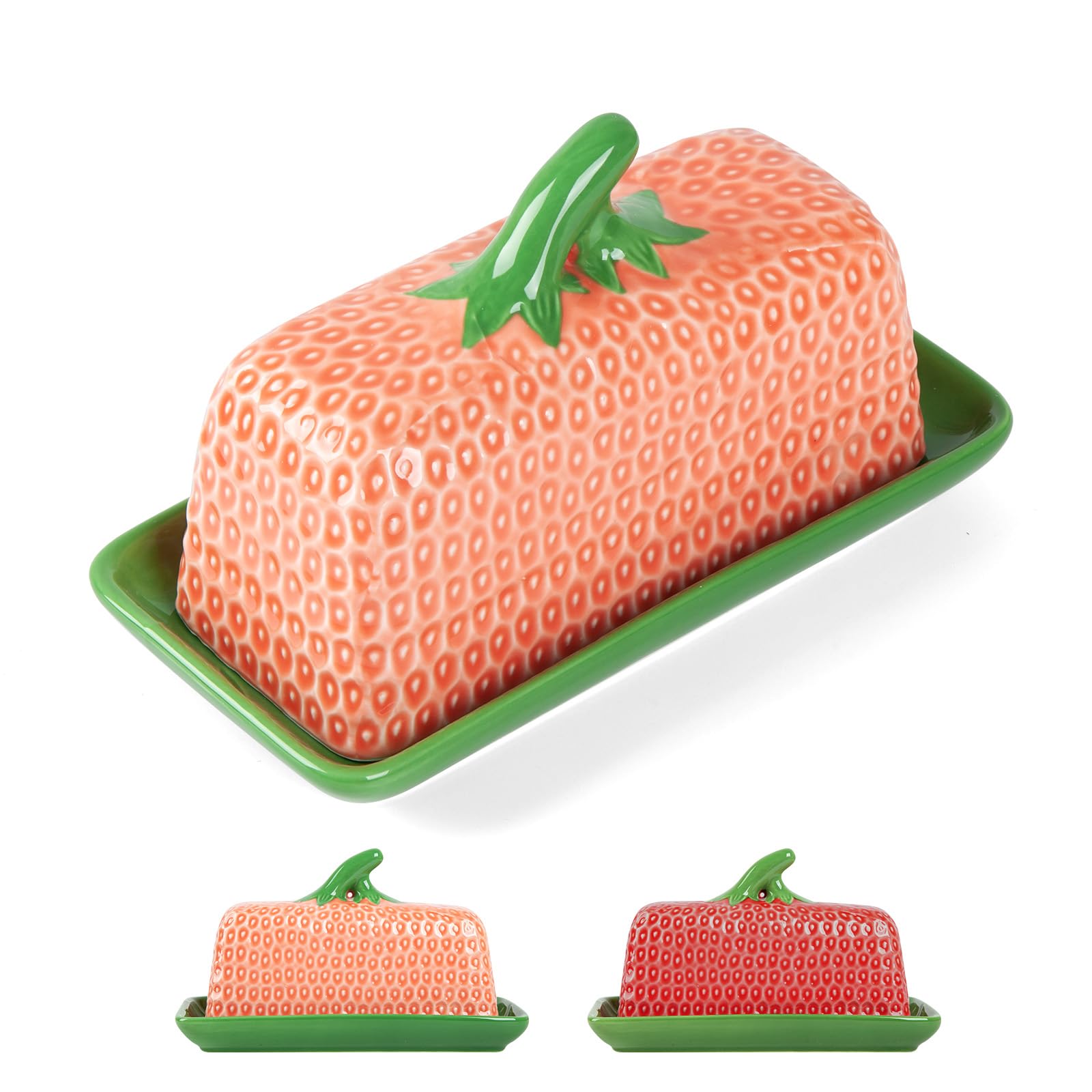 Cute Butter Dish with Lid for Countertop, Ceramic Strawberry Butter Tray