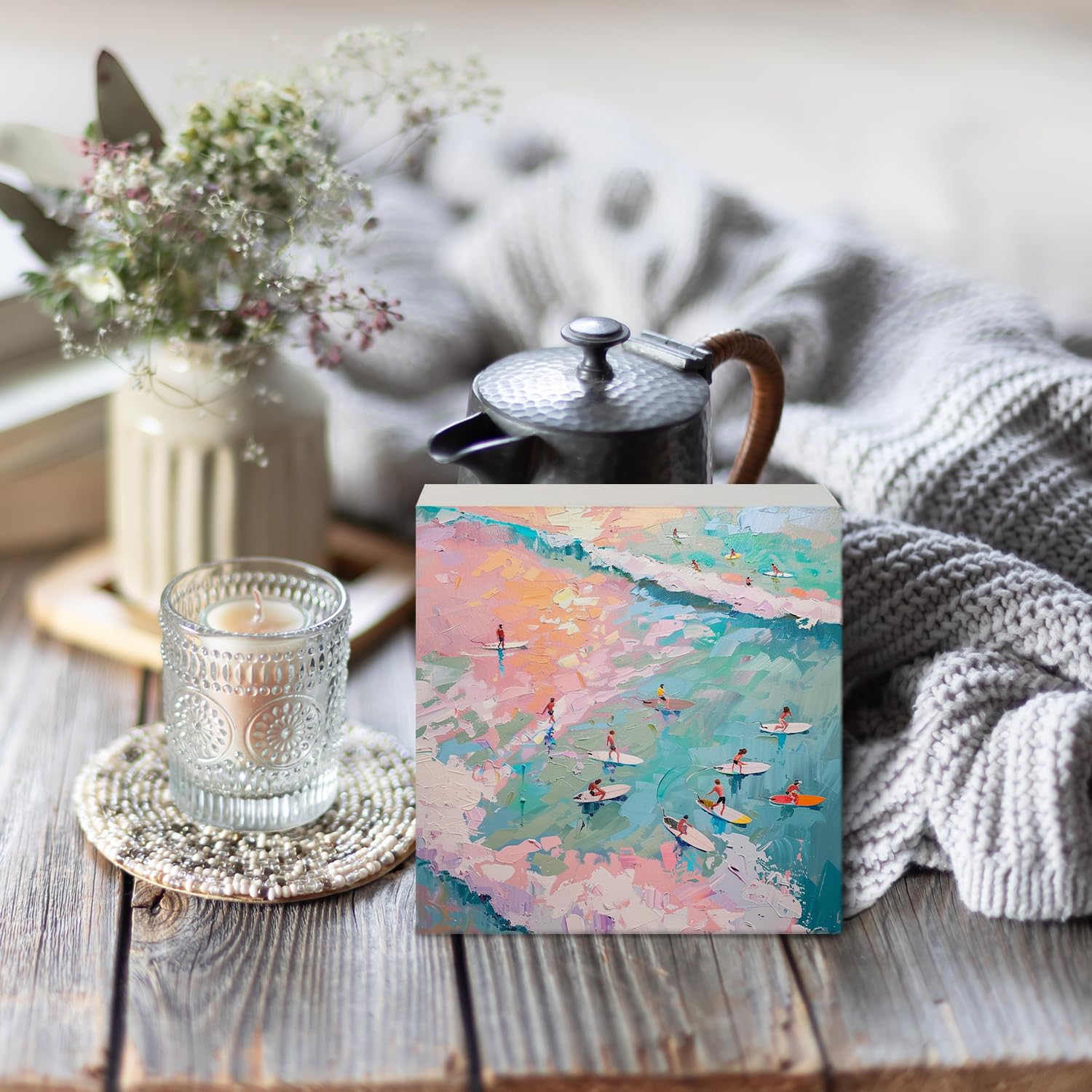 Coquette Pink Bow Champagne Wooden Box Sign, 5x5 Inch