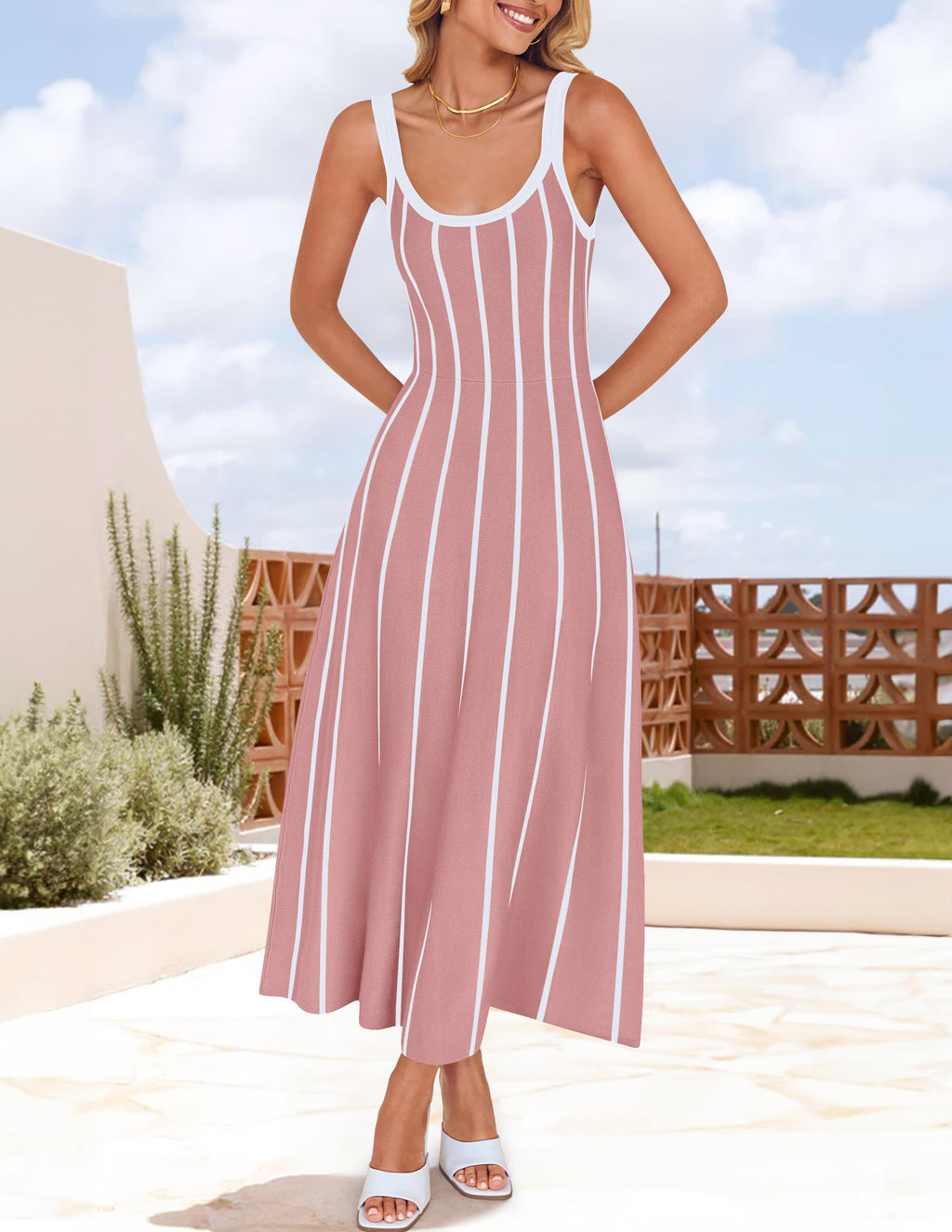 Wome's Summer Sleeveless Striped Midi Dress 2025 Knit Casual Elegant A Line Swing Long Dresses
