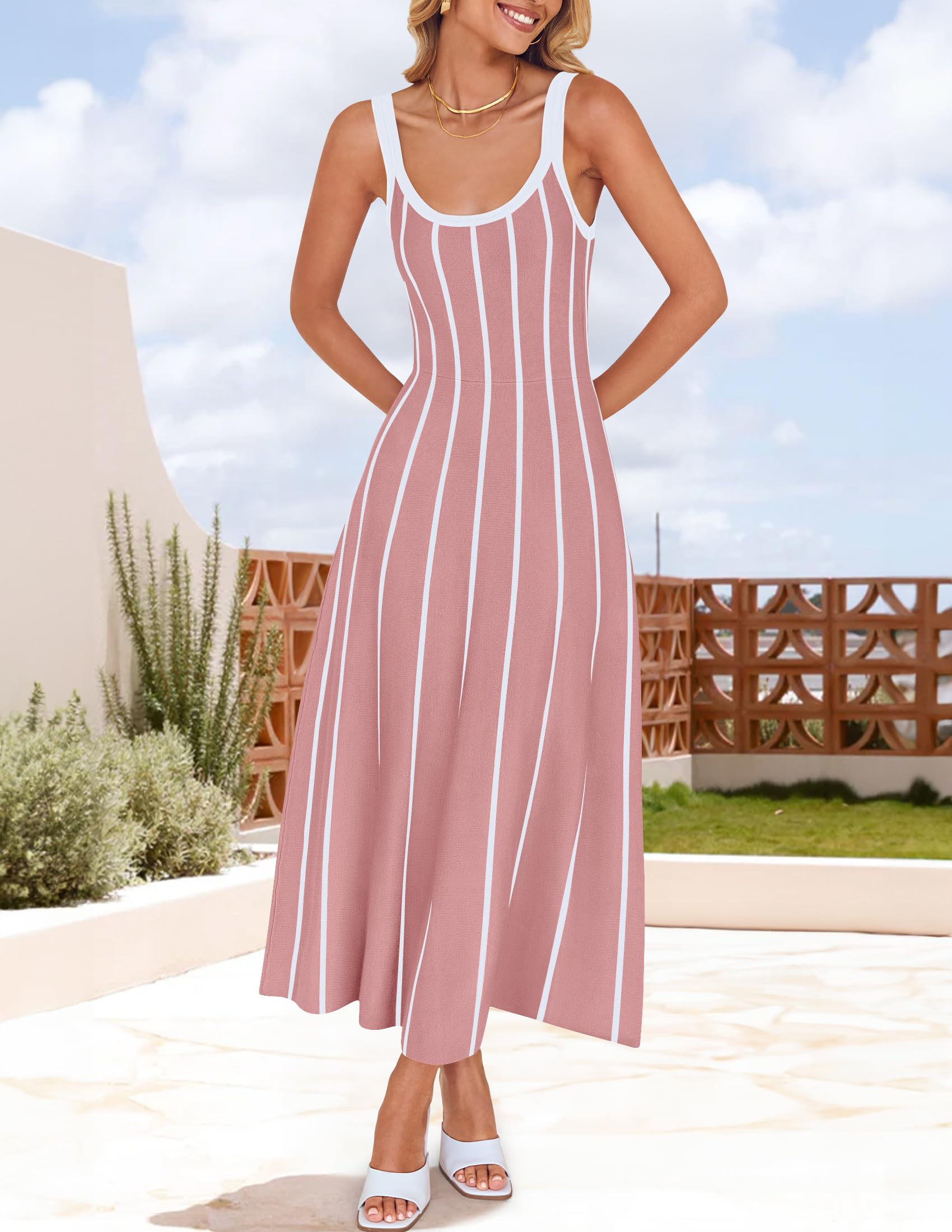 Wome's Summer Sleeveless Striped Midi Dress 2025 Knit Casual Elegant A Line Swing Long Dresses