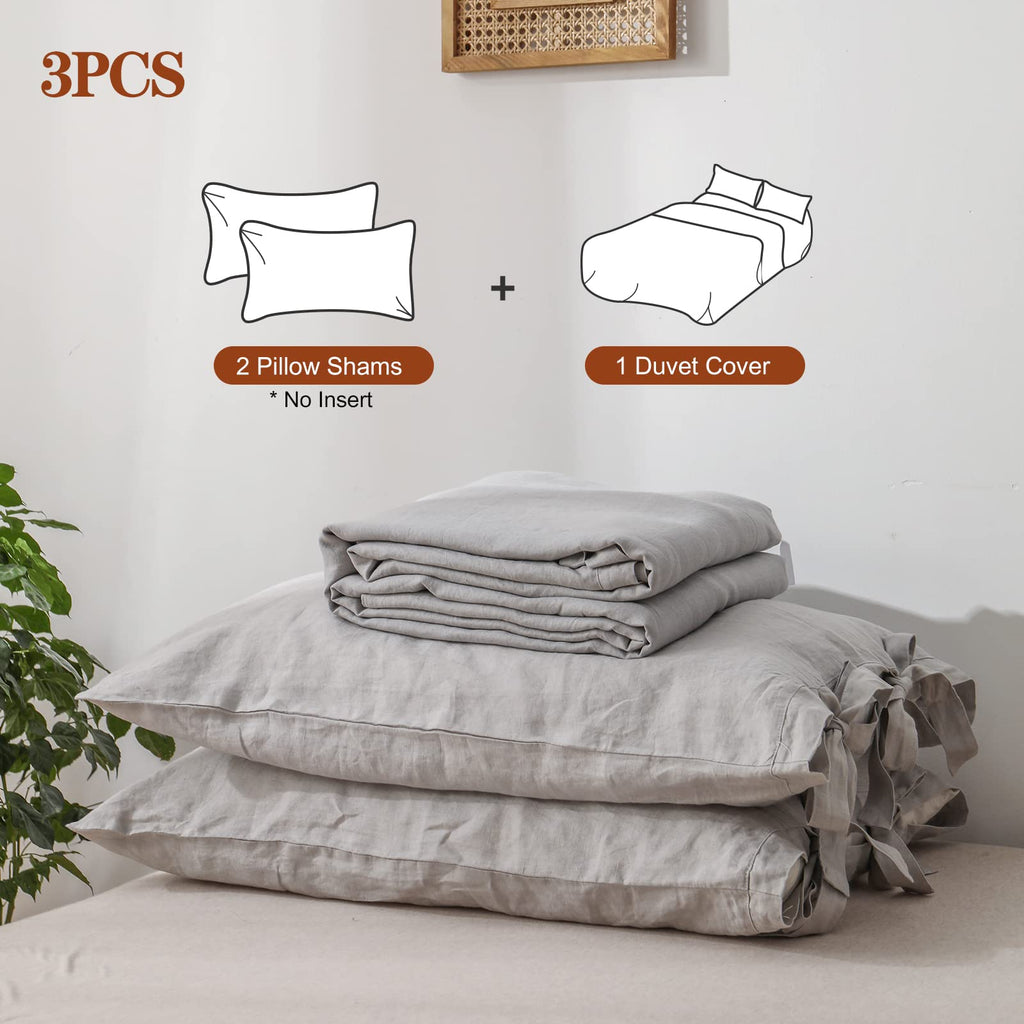 The 100% Linen Duvet Cover Set, 3 Pieces Belgian Flax Breathable Bedding,(1 Comforter Cover+2 Pillowshams) with Tie Closure Style