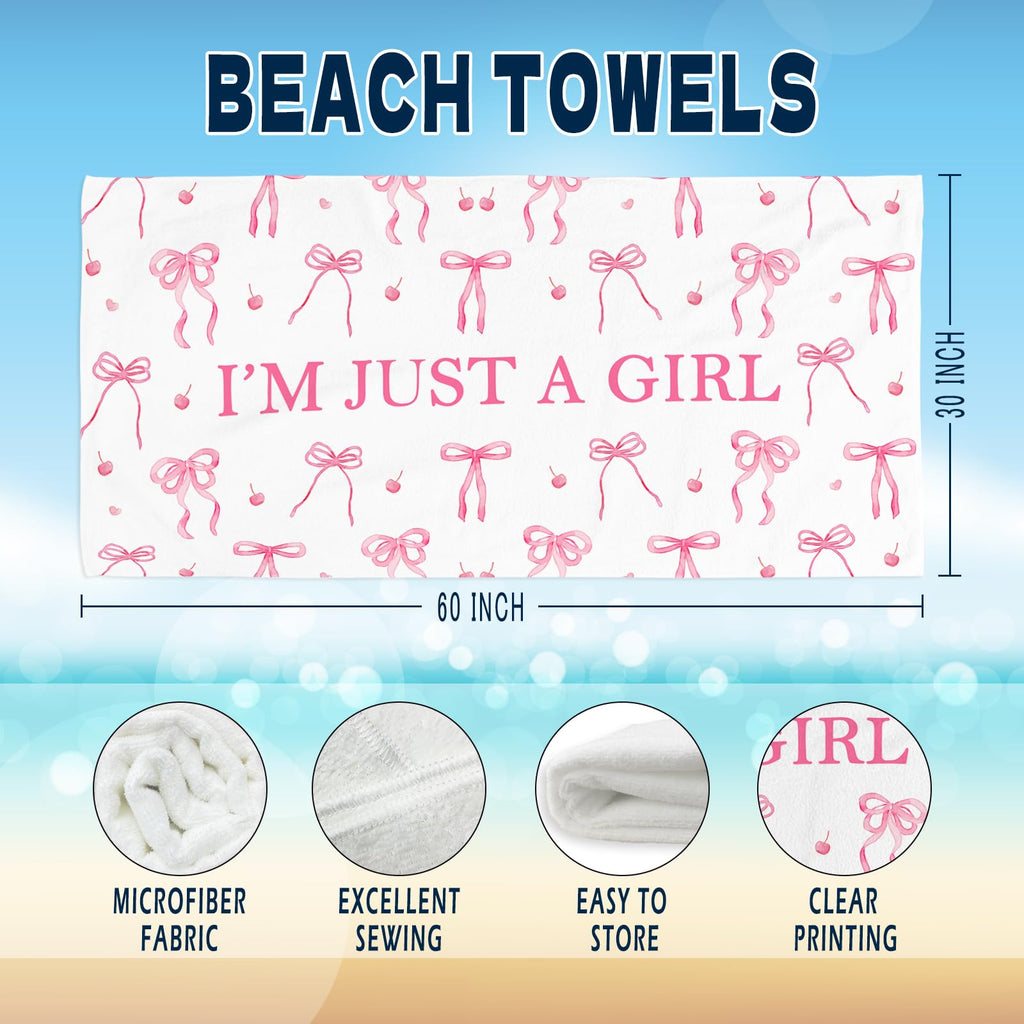 Coquette Girly Pink Bow Beach Towel - Microfiber Absorb Water Travel Towels 60x30 Inches for Bathroom Kitchen