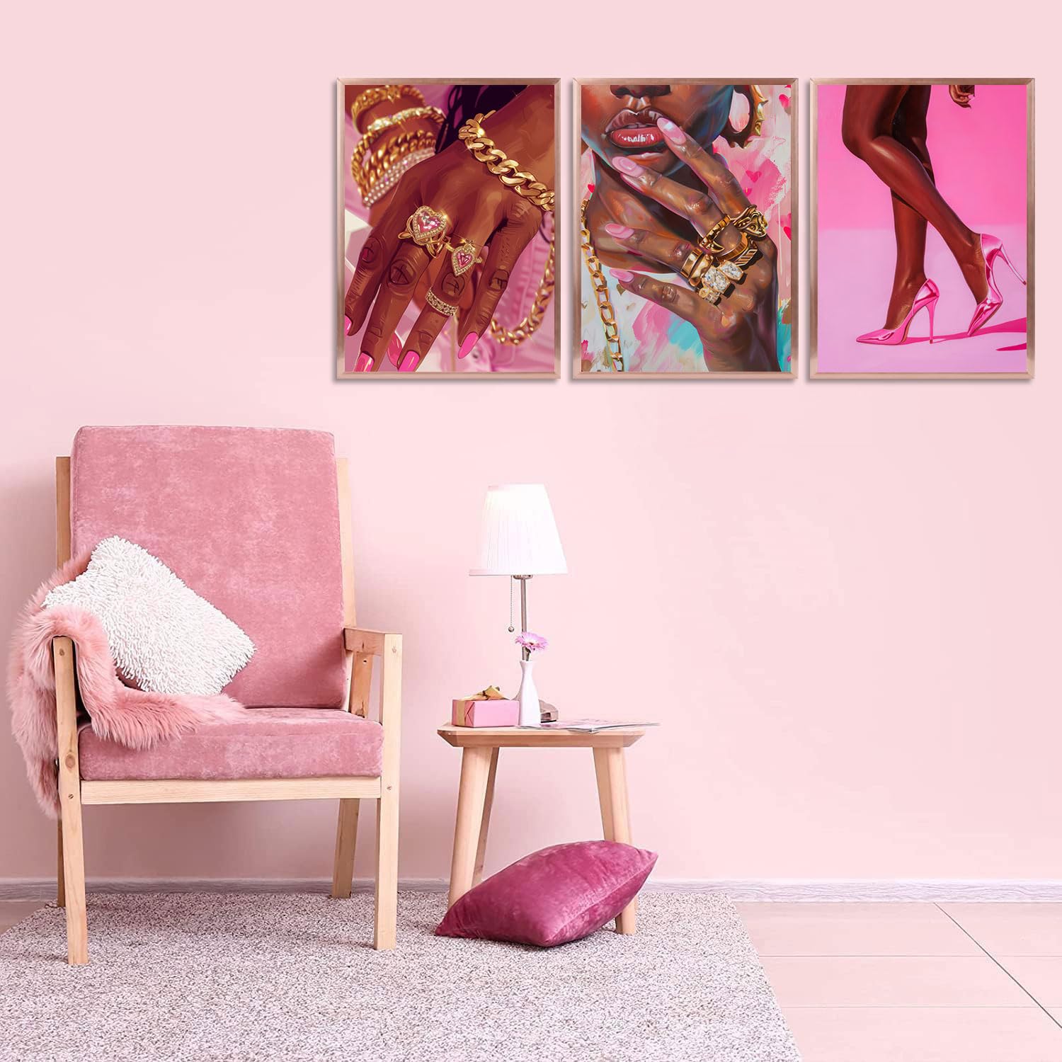 Pink Fashion Black Girl Canvas Wall Art - Gorgeous Black Girl Posters Prints for Living Room Bedroom Artwork Home Decoration Unframed