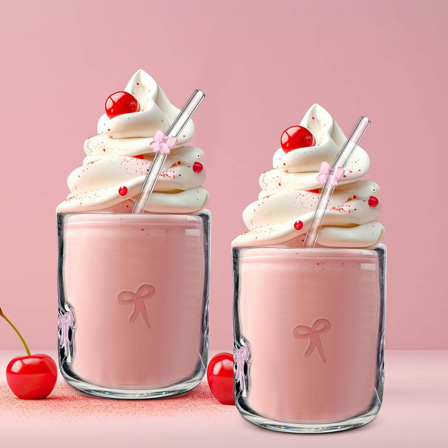 Coquette Pink Bow Aesthetic Cup Bow Icon Juice Glass With Glass Straw with Pink Bow - 14 ounce