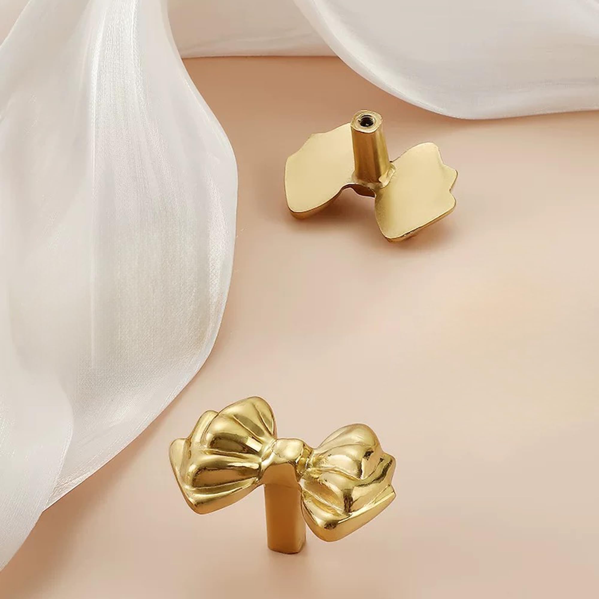 Gold Brass Small Bow Knobs Cute Dresser Drawer Handles Kitchen Cabinet Pulls Art Deco Single Hole Decorative Knobs Modern Furniture Hardware for Closet Cupboard