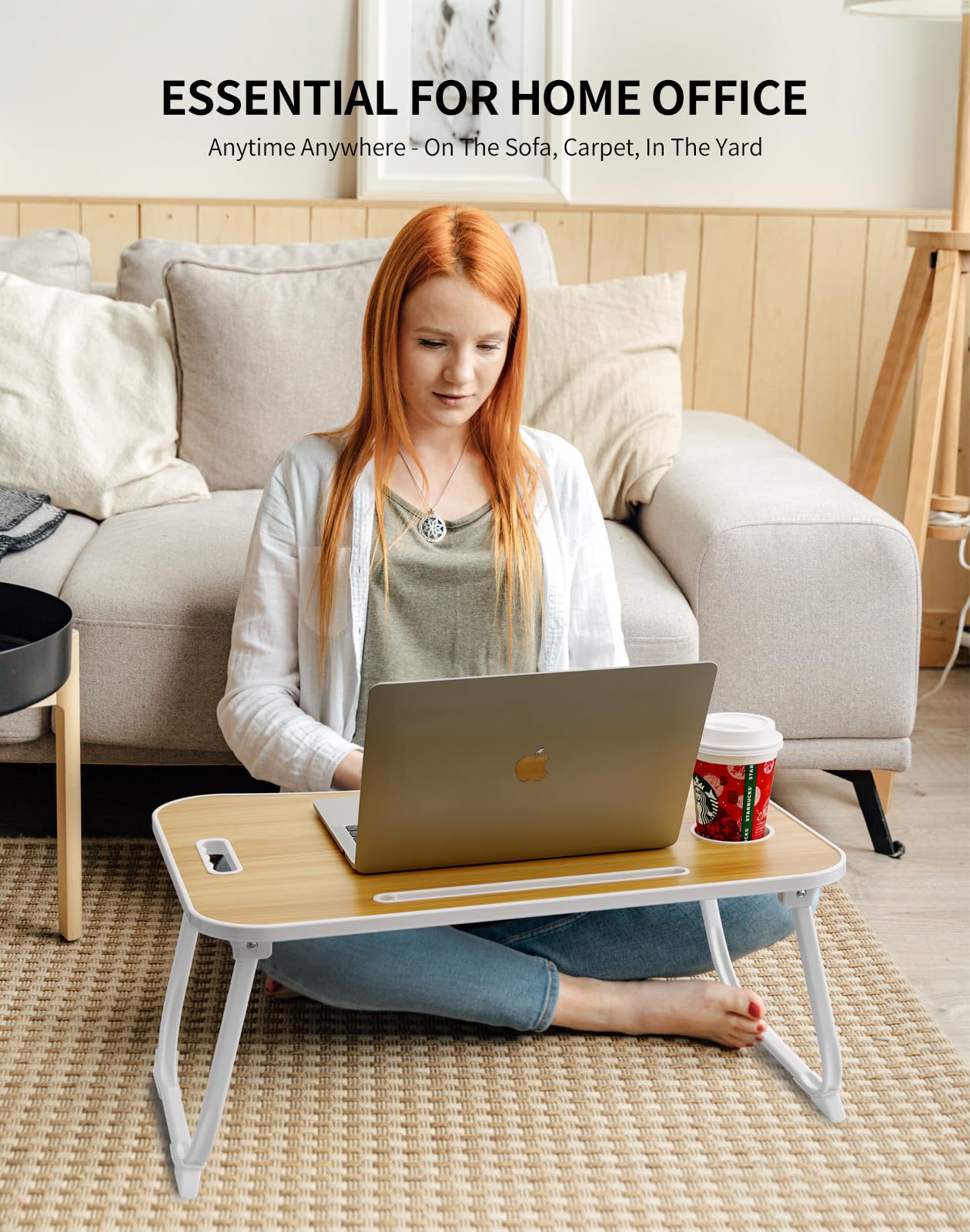 Portable Foldable Study Table, Laptop Stand With Cup Holder, Tablet Slot, And Lift Handle For Working