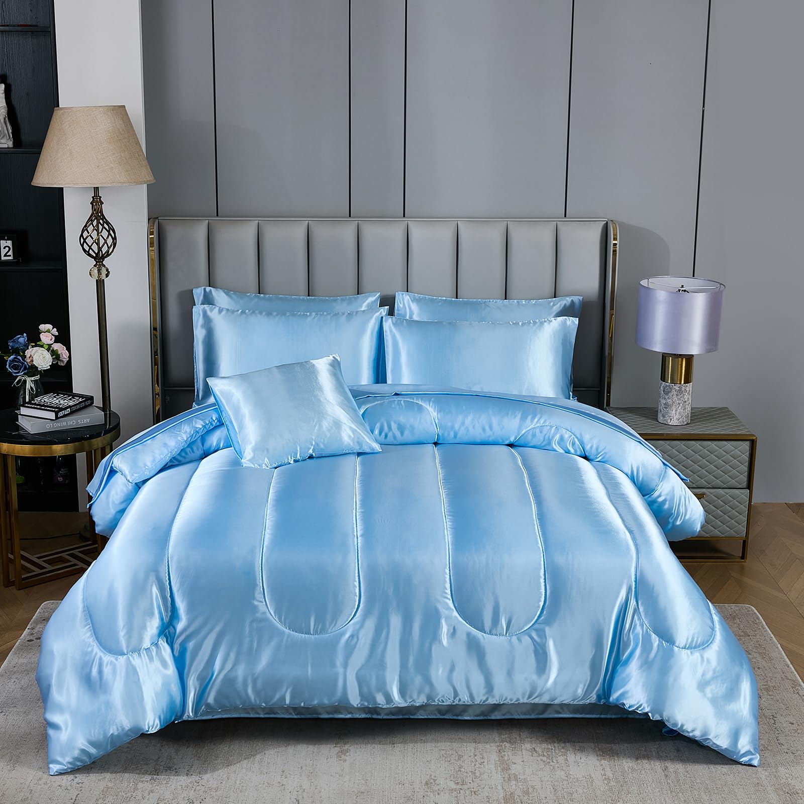 Satin Comforter Set with Sheet Set Full Silk Like Hot Pink Bed in a Bag Luxury Silky Bedding with 1 Comforter, 1 Flat Sheet, 1 Fitted Sheet, 4 Pillowcases, 1 Cushion Cover (Full, Hot Pink)