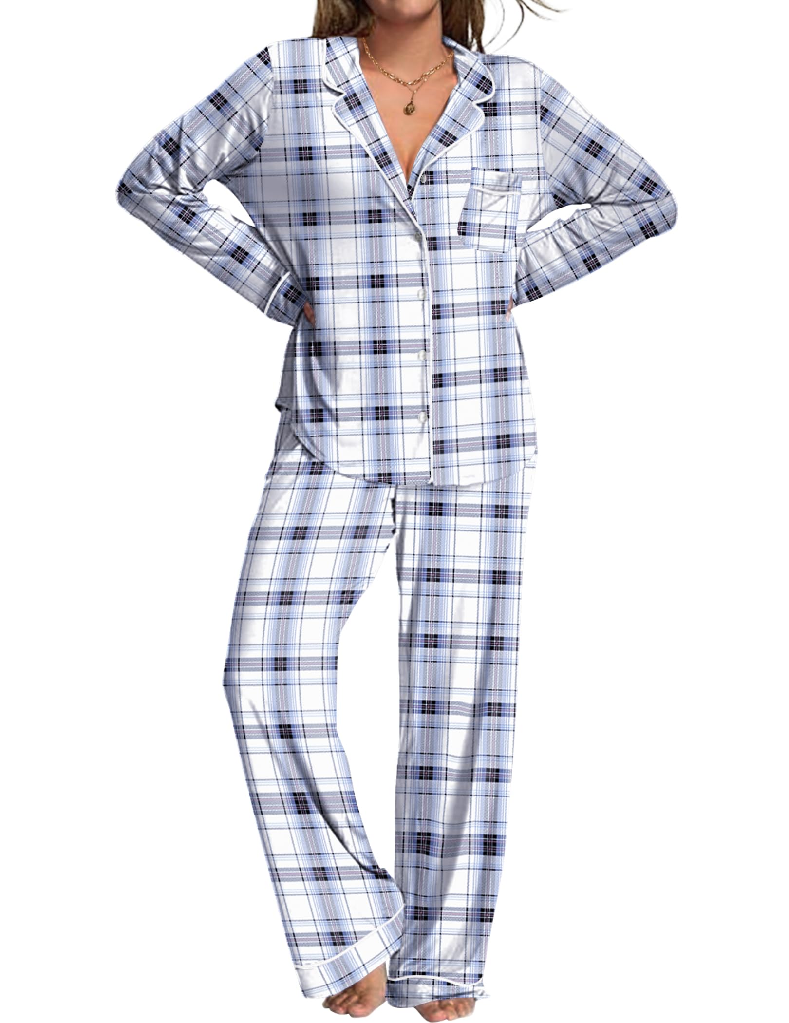 Womens Pajamas Set 2 Piece Button Down Pjs Soft Long Sleeve Top and Pants Sleepwear Set Lounge Sets