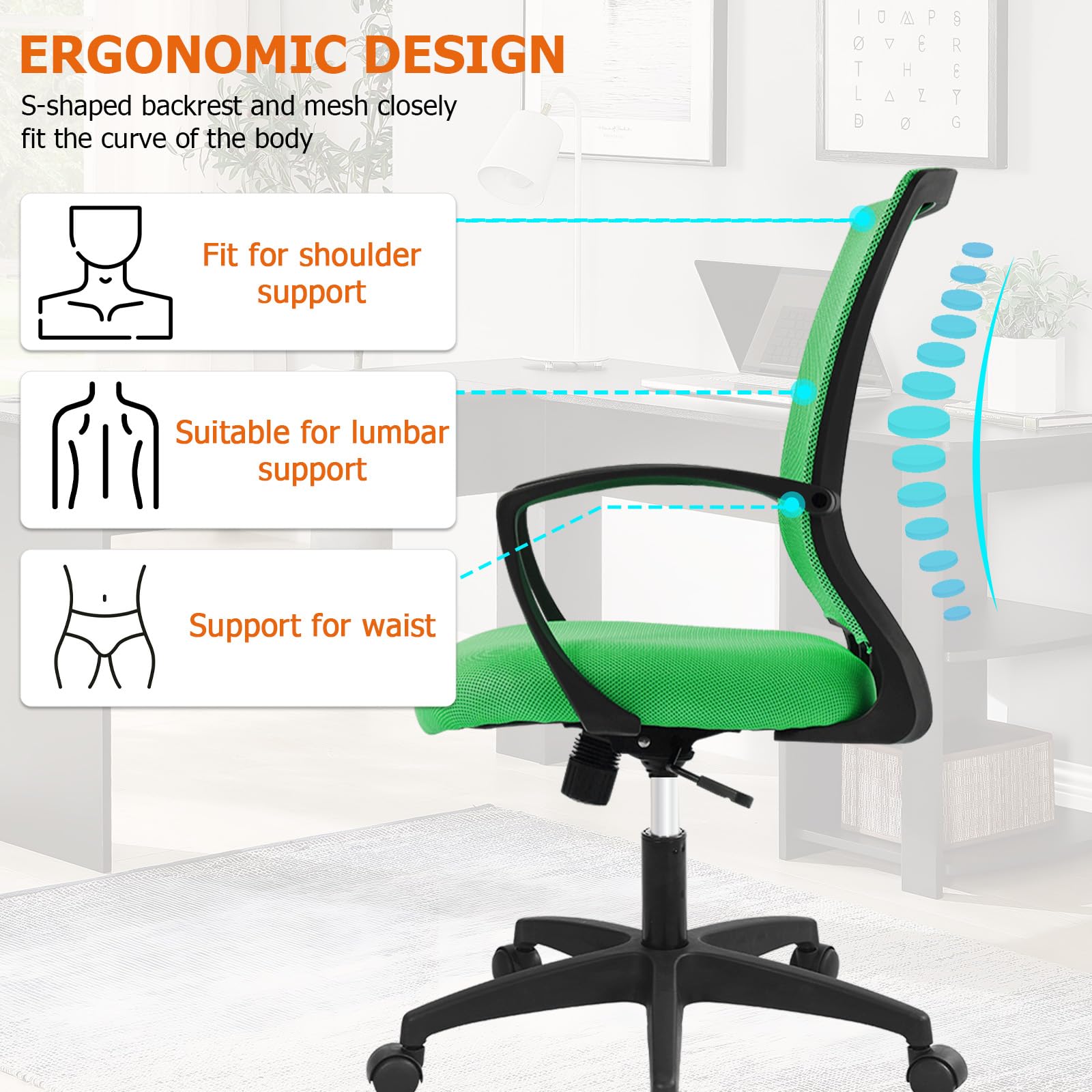 Mesh Desk Chair Ergonomic Computer Chair with Lumbar Support Armrest Mid Back 360 Degree Rolling Swivel Adjustable Height