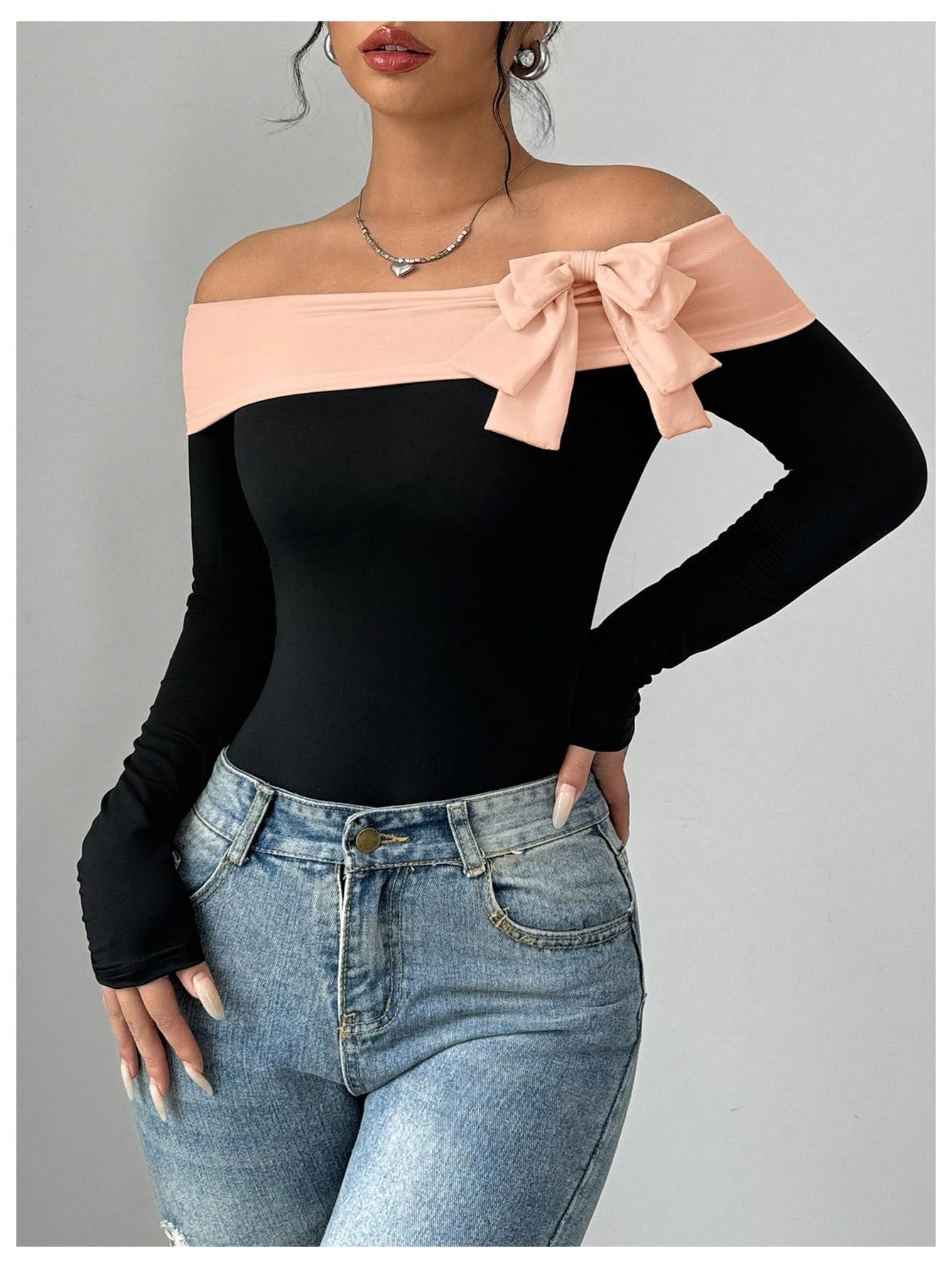 Women's Colorblock Bow Tie Off Shoulder Long Sleeve Bodysuit Elegant Tops