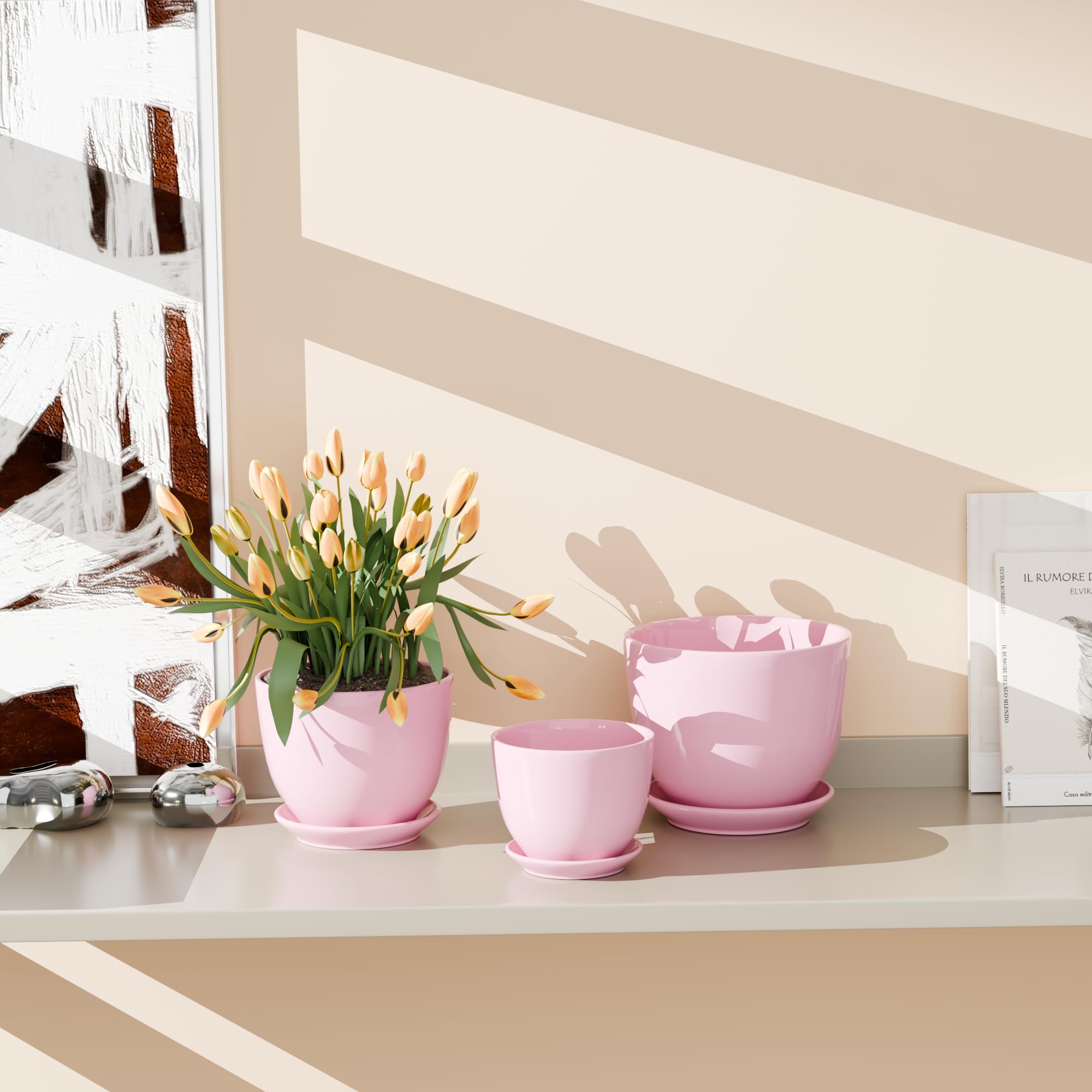 Ceramic Flower Pots,Indoor Decorative Plant Pots Set of 3-4"+5"+6" Inch Small Glazed Succulent Planters with Drainage Hole