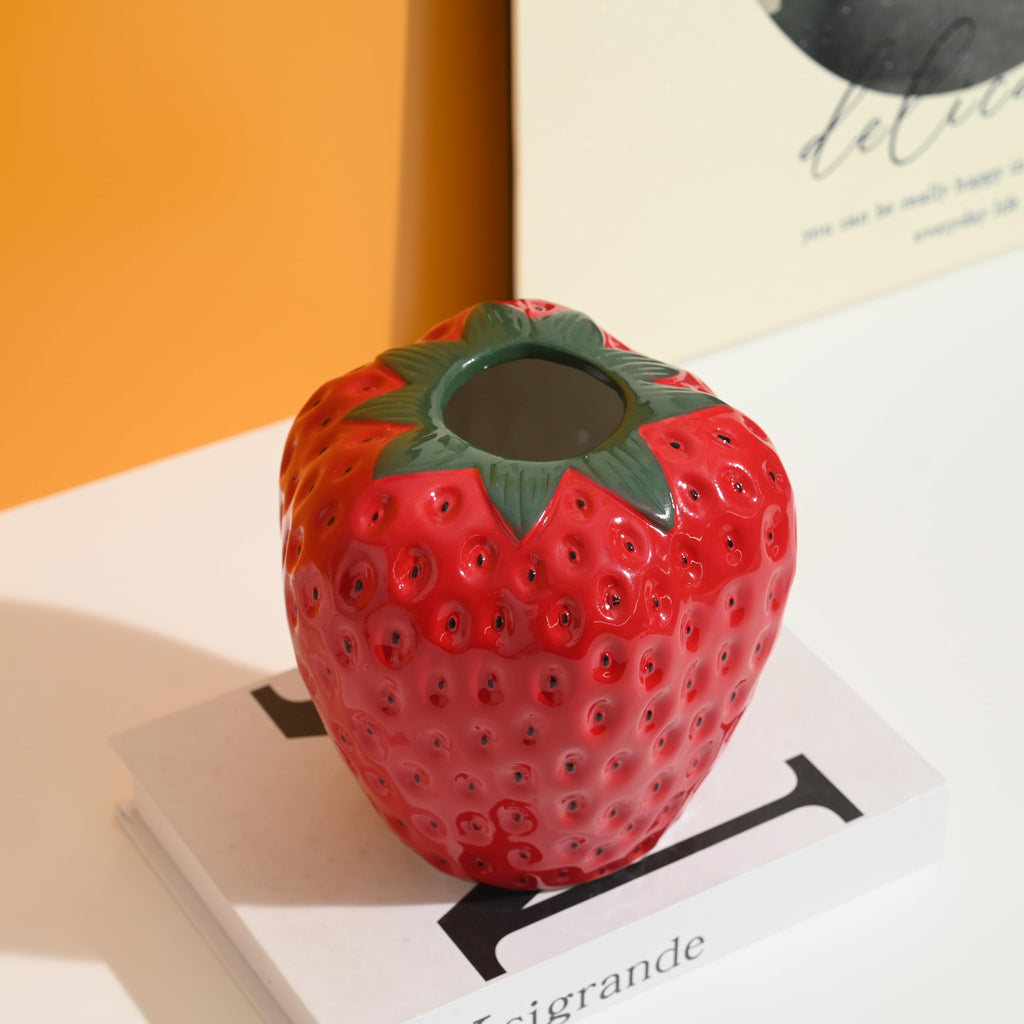 Strawberry Vase for Flowers, Dusty Pink Ceramic Fruit Vase, Strawberry Shaped Planter Pot with Green Leaves and Black Seeds Decor