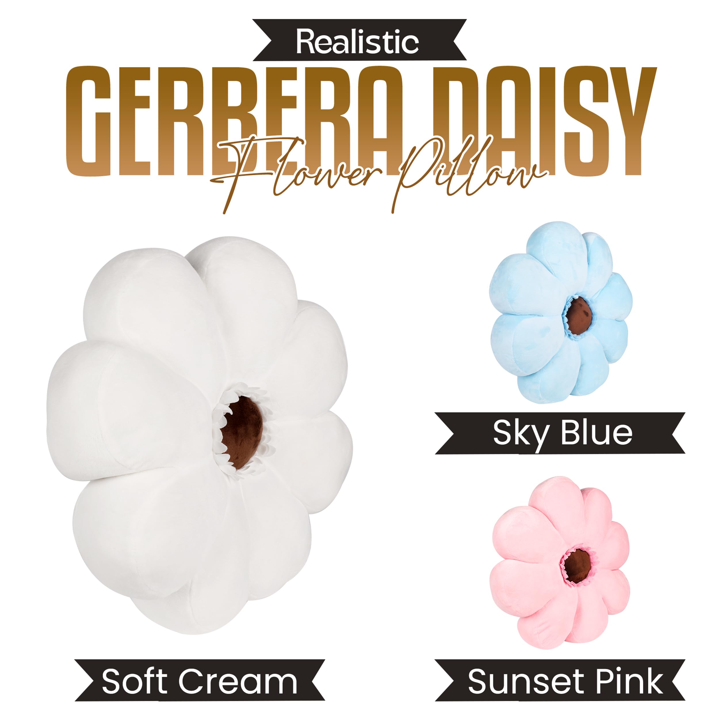 Gerbera Daisy Cute Preppy Flower 17-inch Pillow, Ultra Soft Hand-Stitched Premium Plush Fabric, Decorative Accent Throw Pillow, (Sunset Pink)