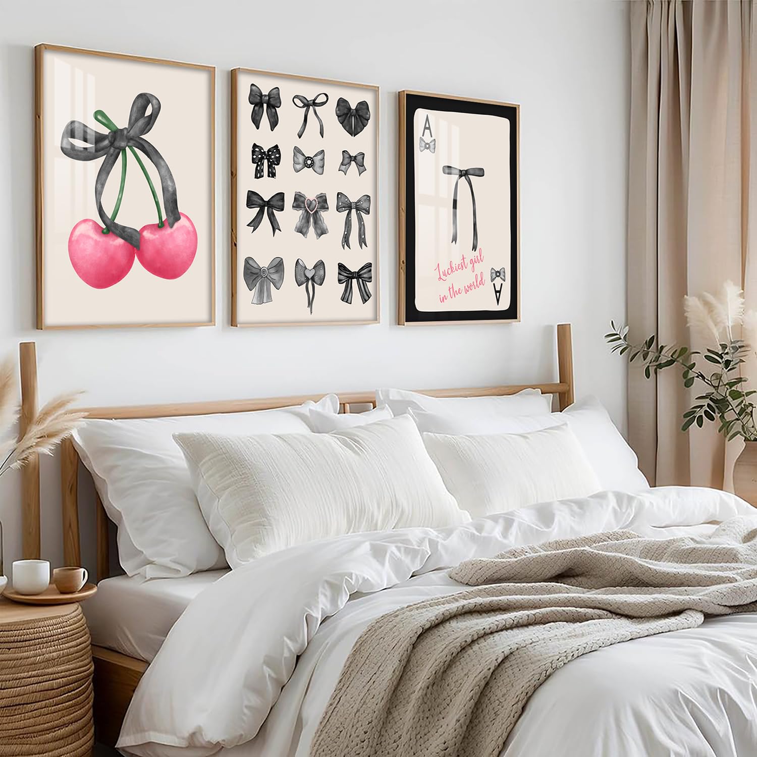 Pink Coquette Trendy Preppy Bow Wall Art Prints Set of 3 Pink Cherry Poker Wall Decor Posters Black Bows lAesthetic