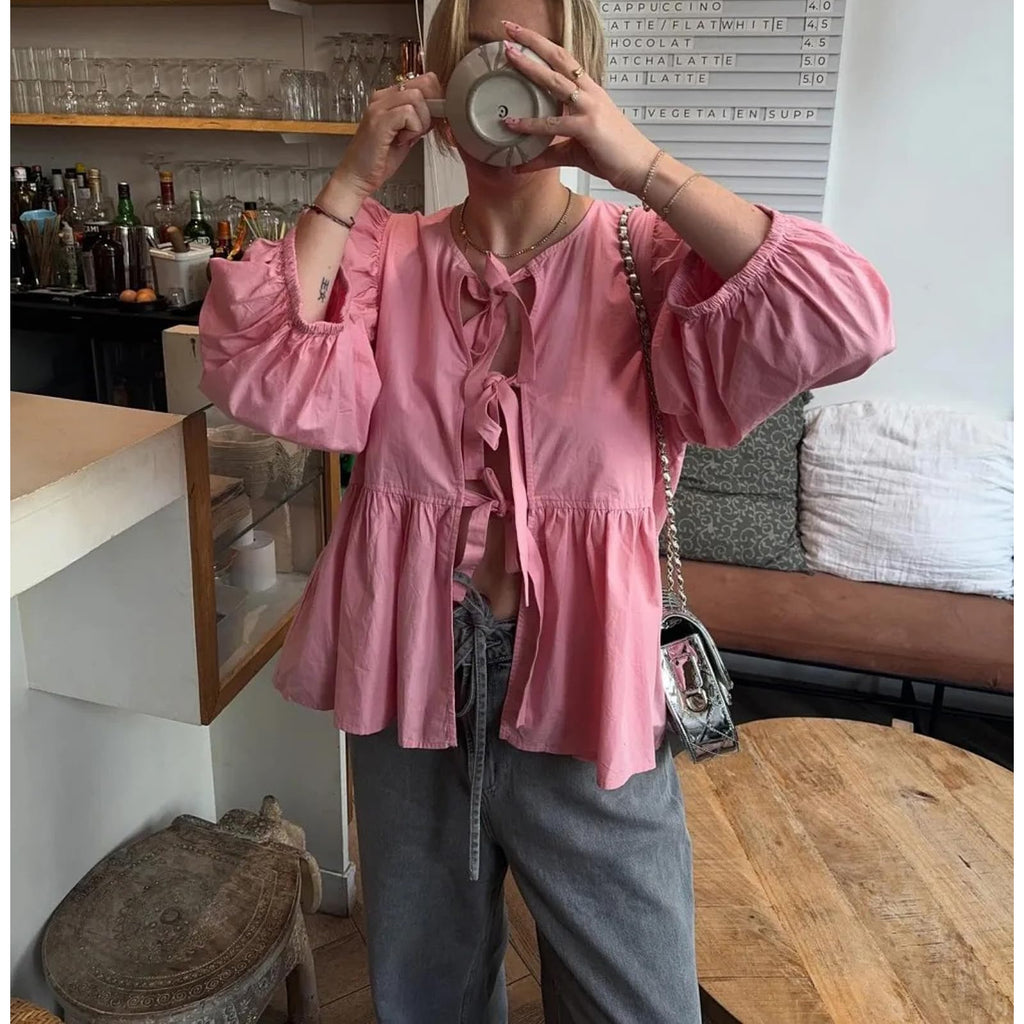 Tie Front Tops Womens Y2k Print Peplum Babydoll Top 3/4 Length Puff Sleeve Coquette Cute Going Out Tops